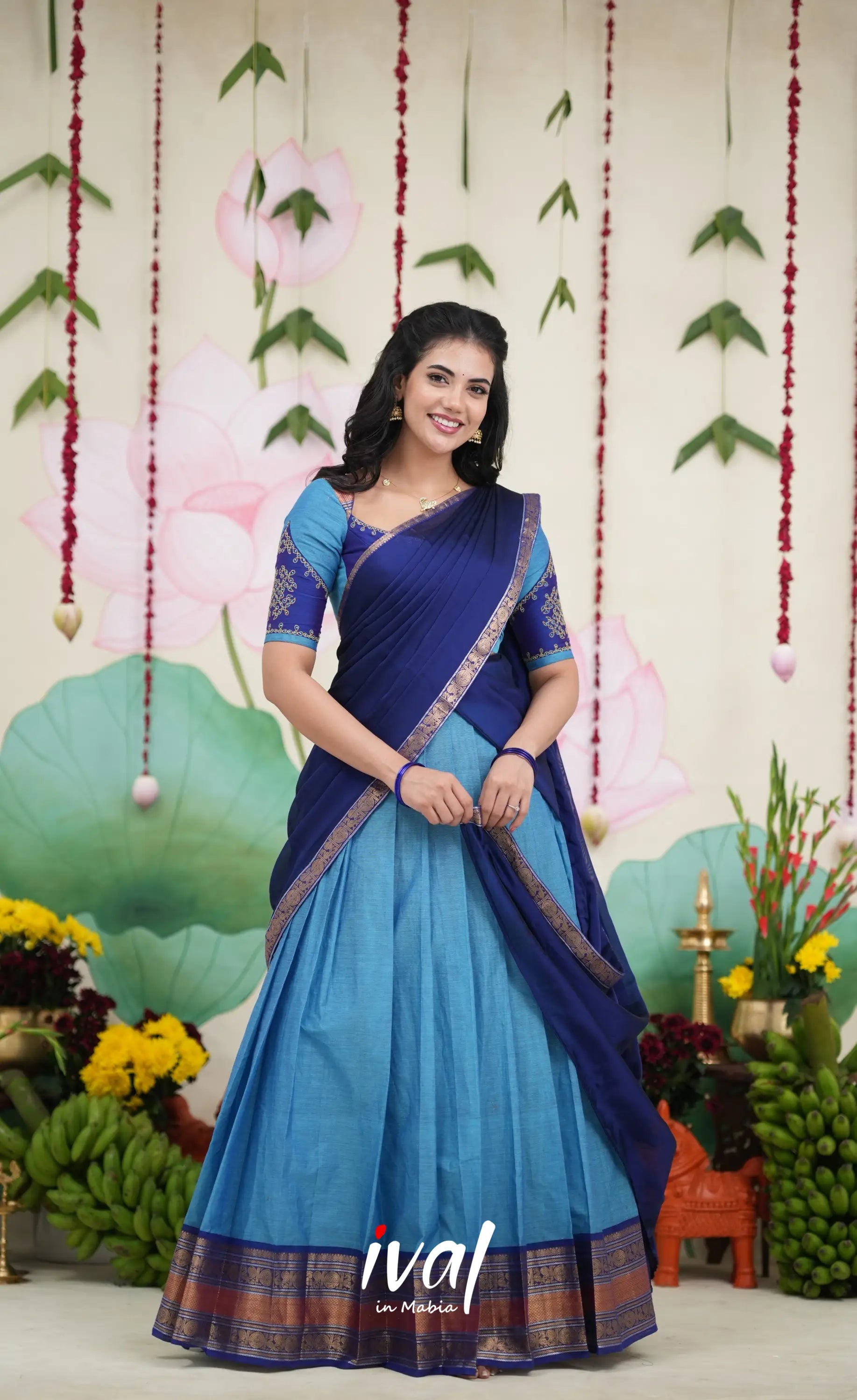 Padmaja Cotton Half Saree - Sky Blue and Dark Blue Half Sarees