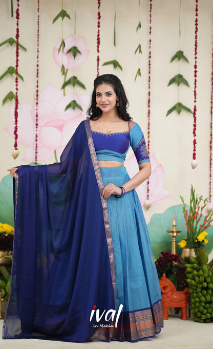 Padmaja Cotton Half Saree - Sky Blue and Dark Blue Half Sarees