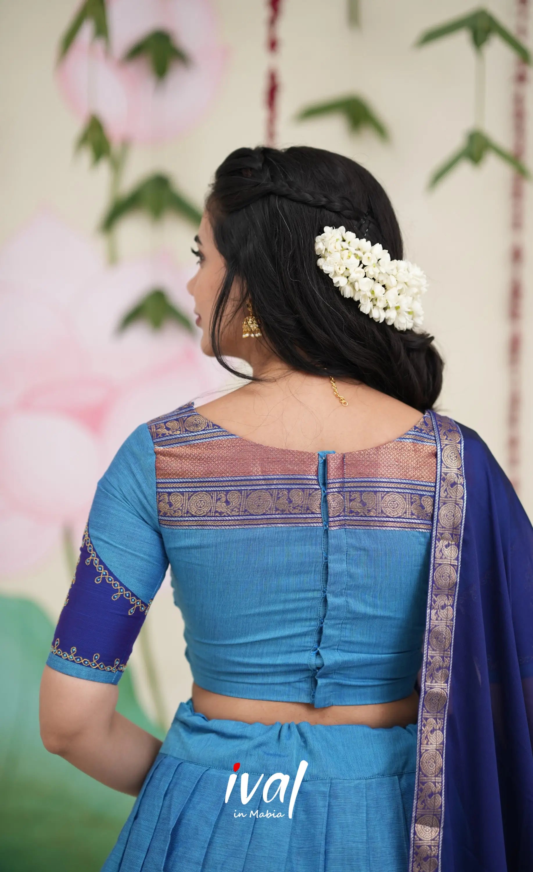 Padmaja Cotton Half Saree - Sky Blue and Dark Blue Half Sarees