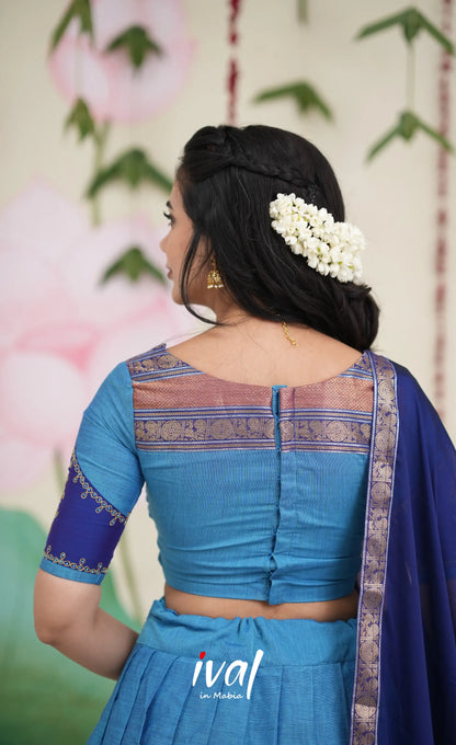 Padmaja Cotton Half Saree - Sky Blue and Dark Blue Half Sarees