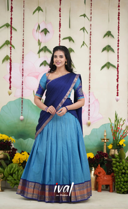 Padmaja Cotton Half Saree - Sky Blue and Dark Blue Half Sarees