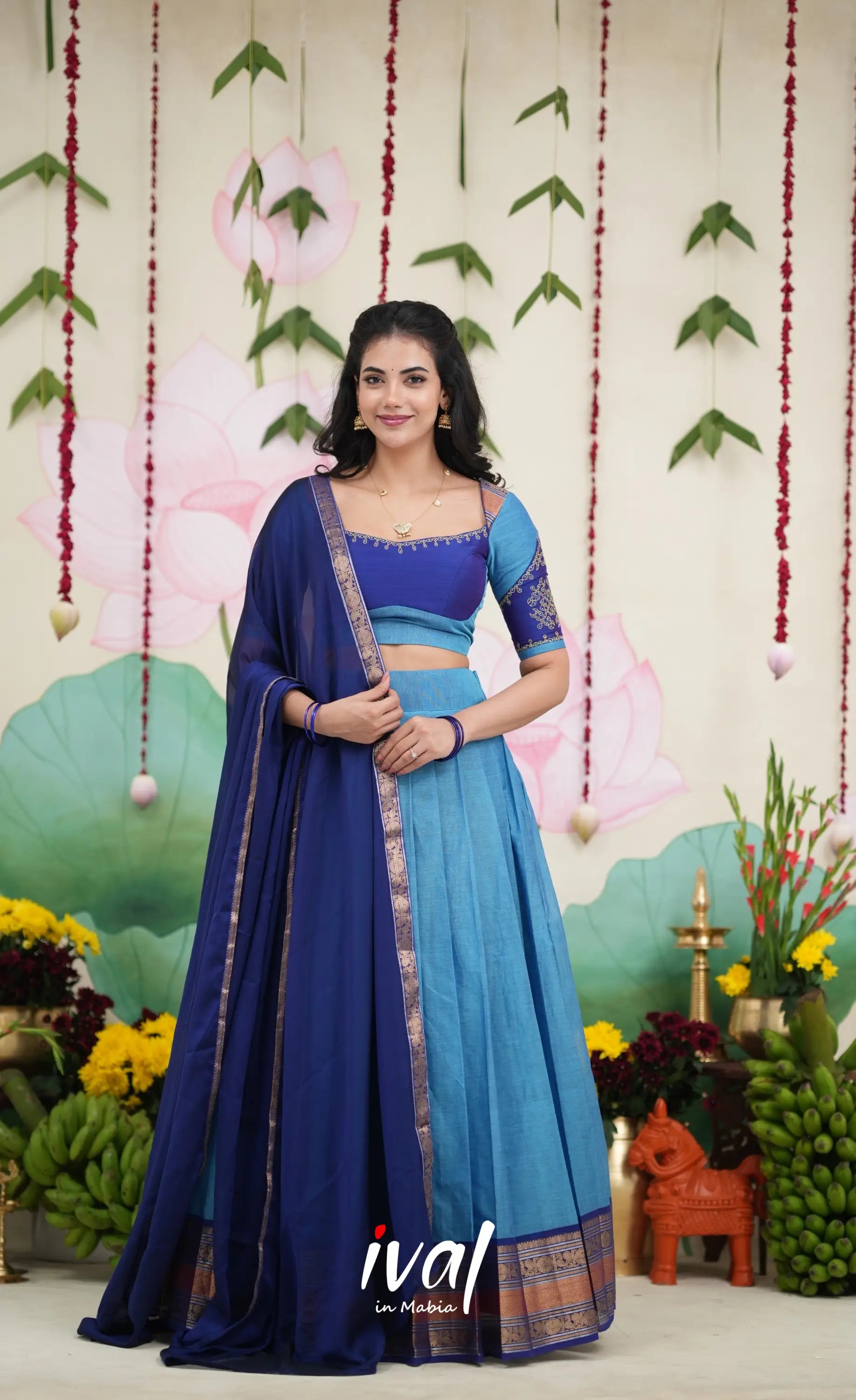 Padmaja Cotton Half Saree - Sky Blue and Dark Blue Half Sarees
