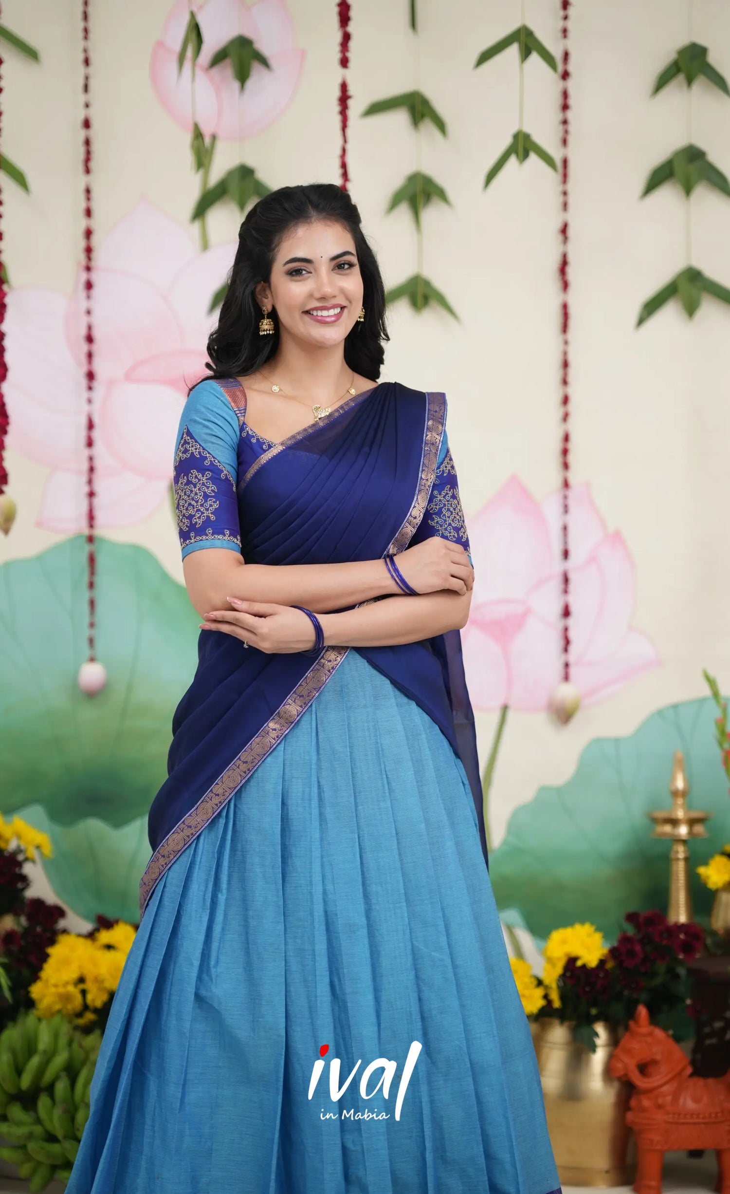 Padmaja Cotton Half Saree - Sky Blue and Dark Blue Half Sarees