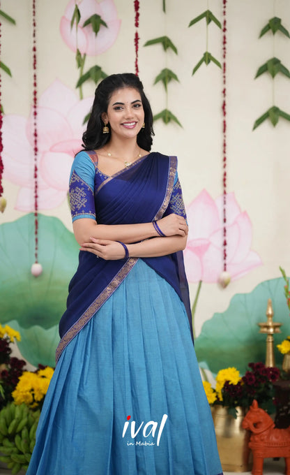 Padmaja Cotton Half Saree - Sky Blue and Dark Blue Half Sarees