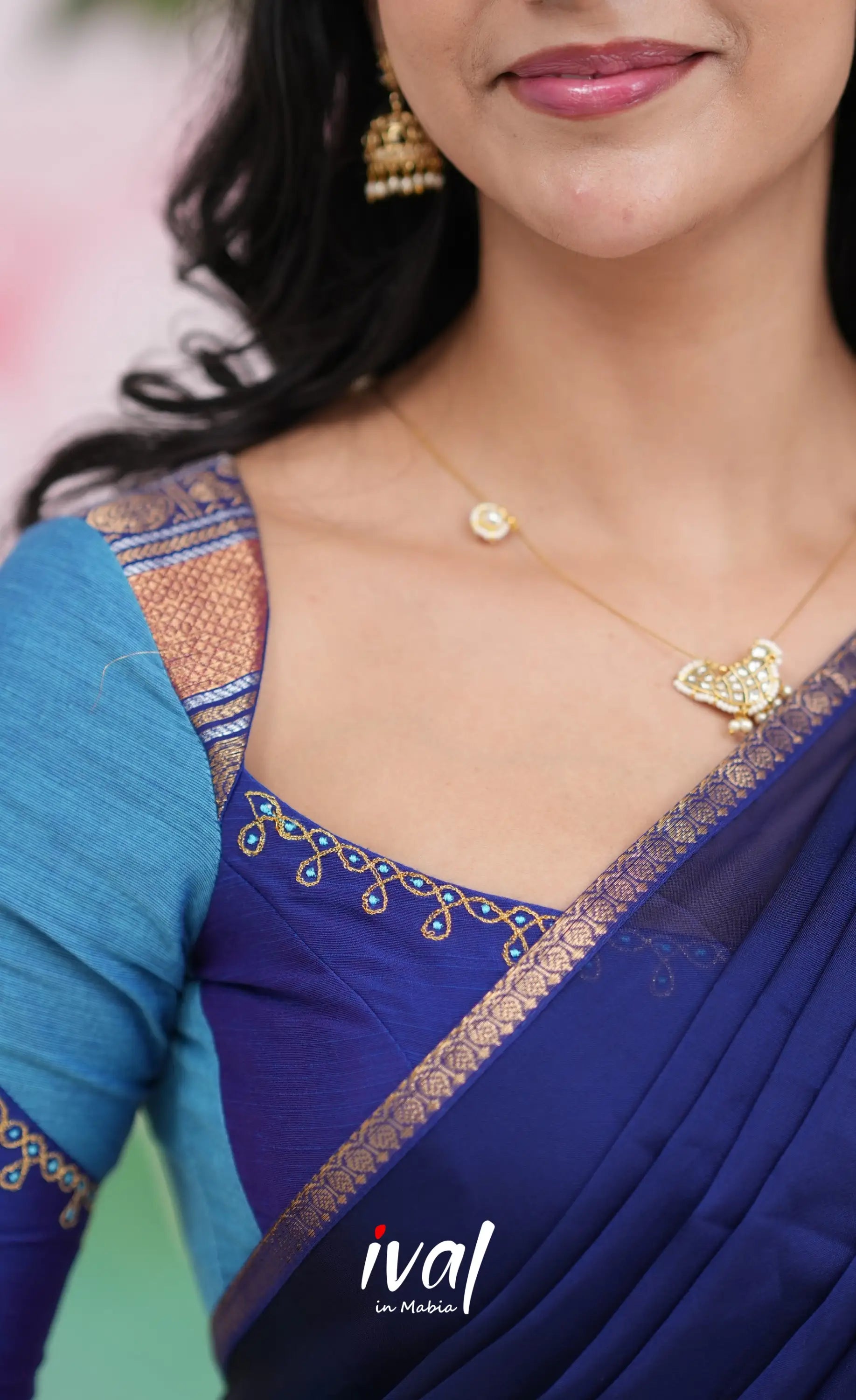 Padmaja Cotton Half Saree - Sky Blue and Dark Blue Half Sarees