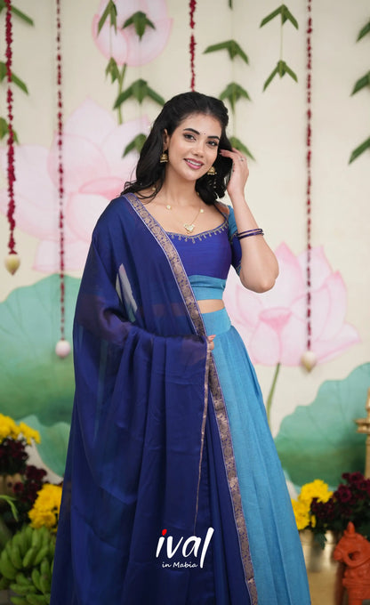 Padmaja Cotton Half Saree - Sky Blue and Dark Blue Half Sarees