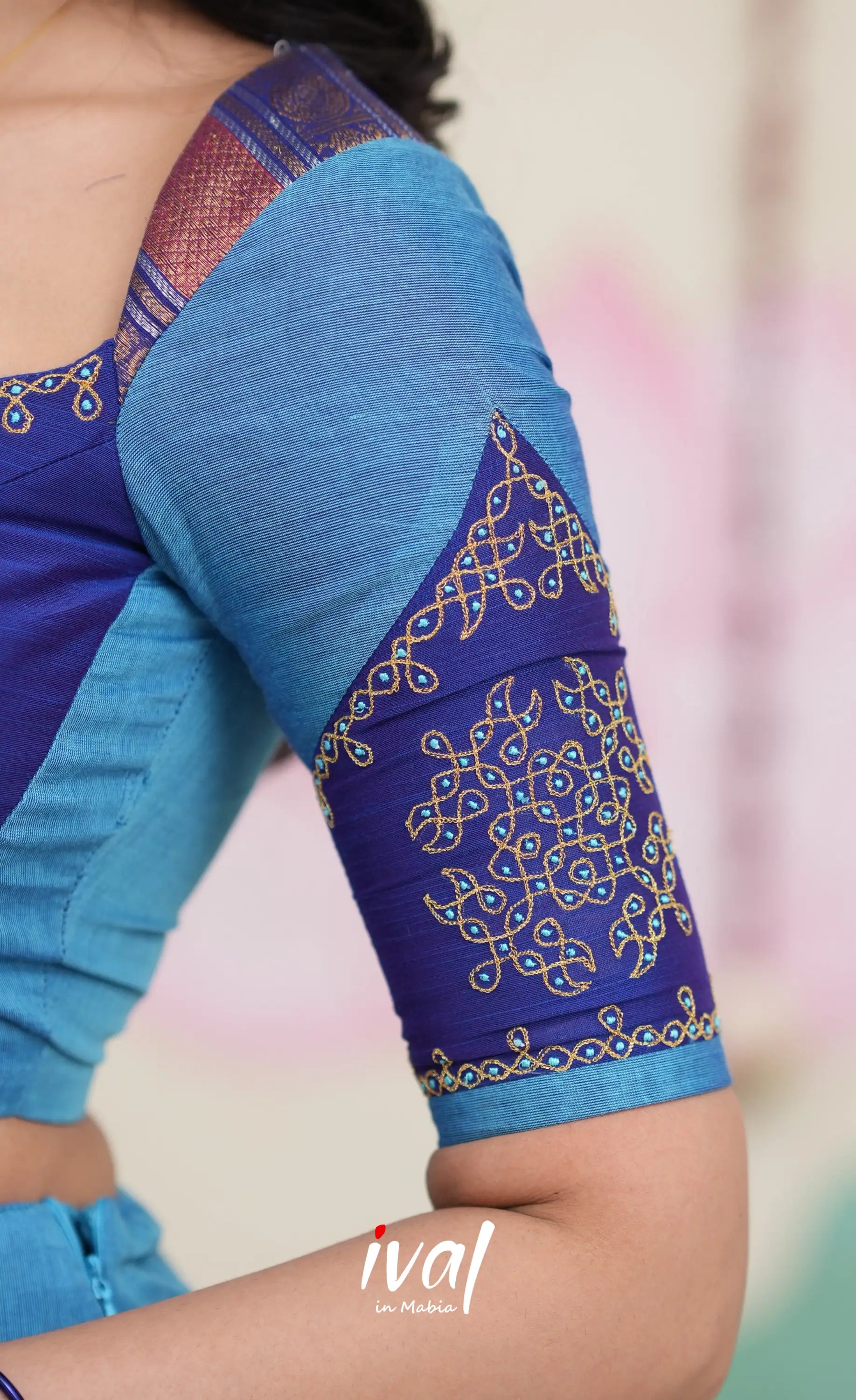 Padmaja Cotton Half Saree - Sky Blue and Dark Blue Half Sarees