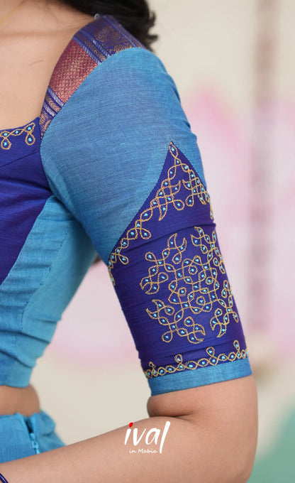 Padmaja Cotton Half Saree - Sky Blue and Dark Blue Half Sarees