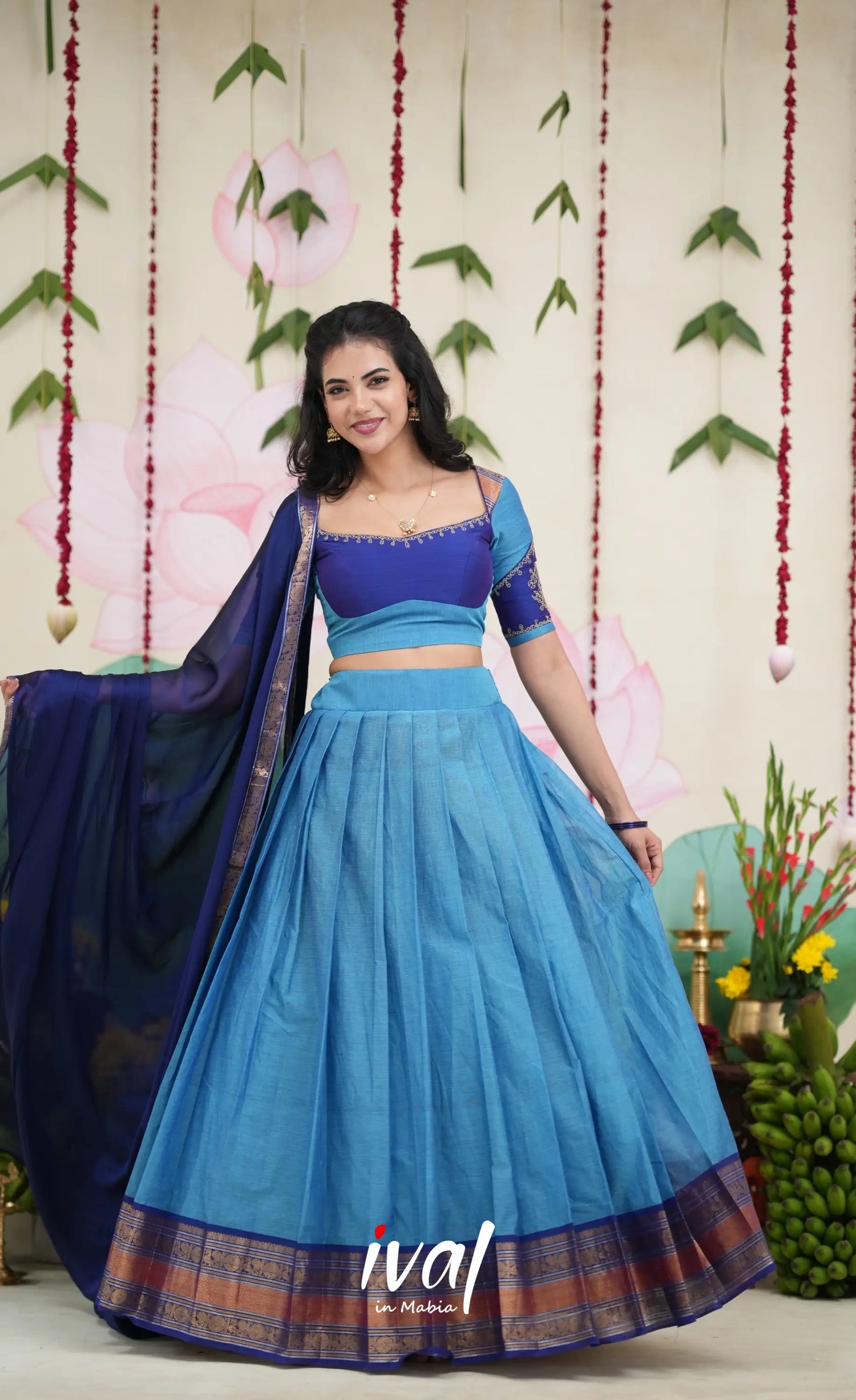 Padmaja Cotton Half Saree - Sky Blue and Dark Blue Half Sarees