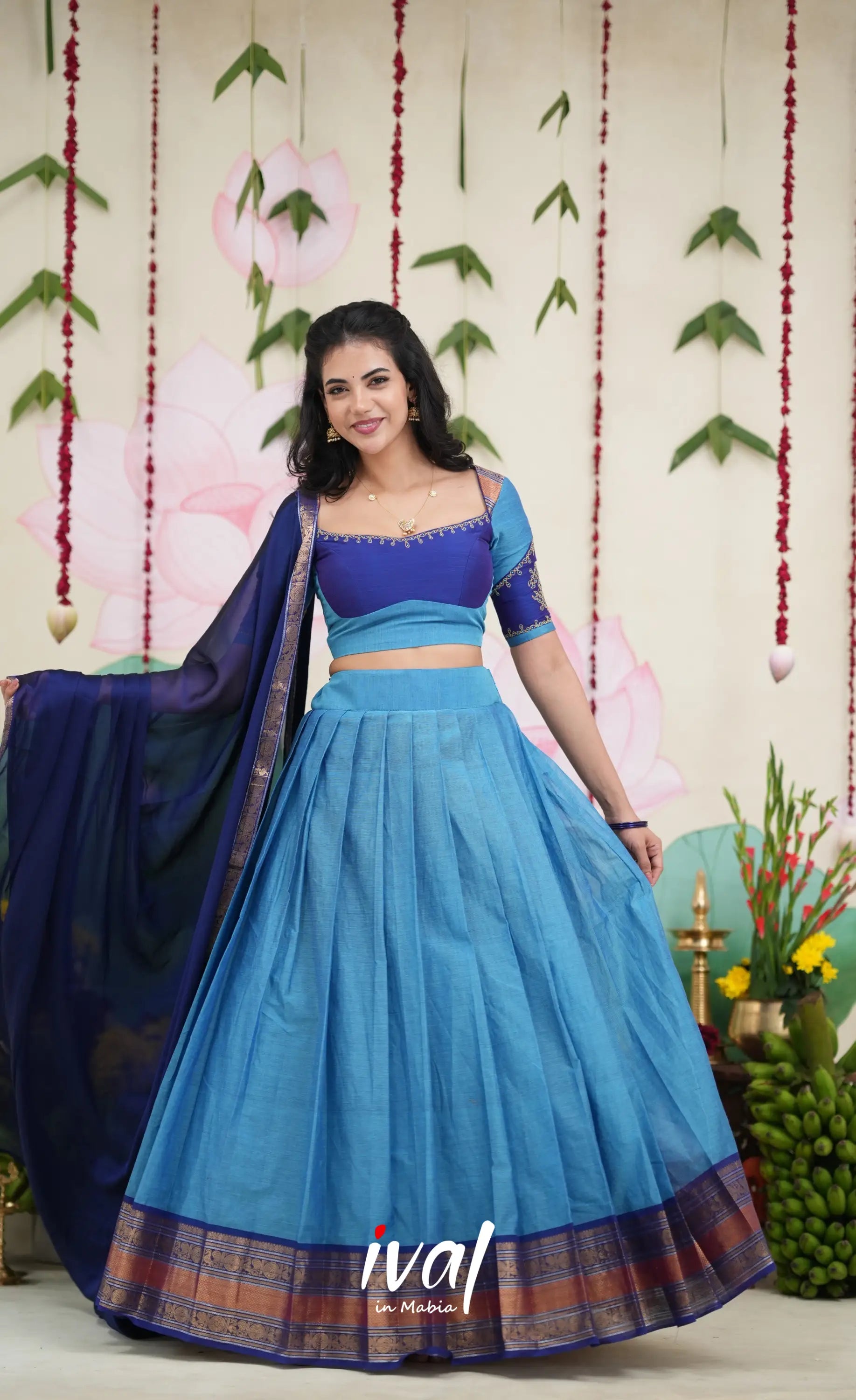 Padmaja Cotton Half Saree - Sky Blue and Dark Blue Half Sarees