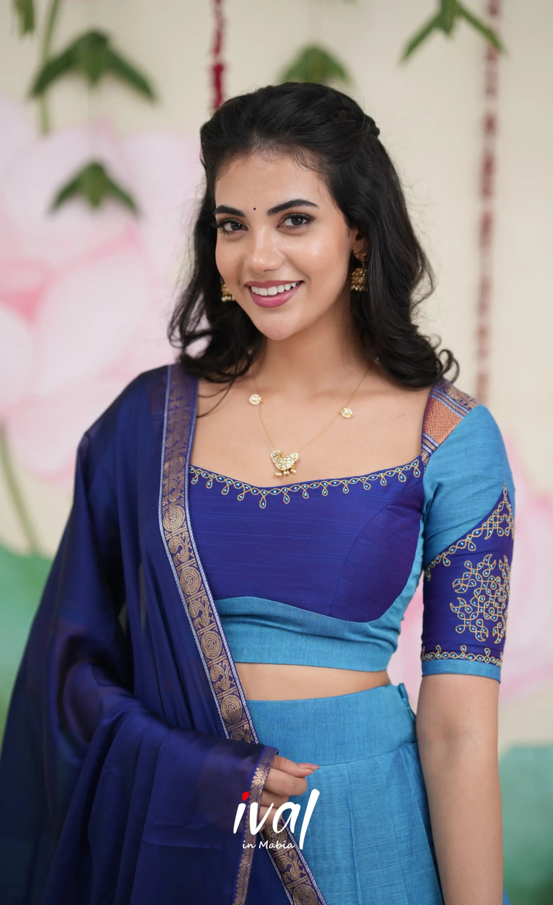 Padmaja Cotton Half Saree - Sky Blue and Dark Blue Half Sarees