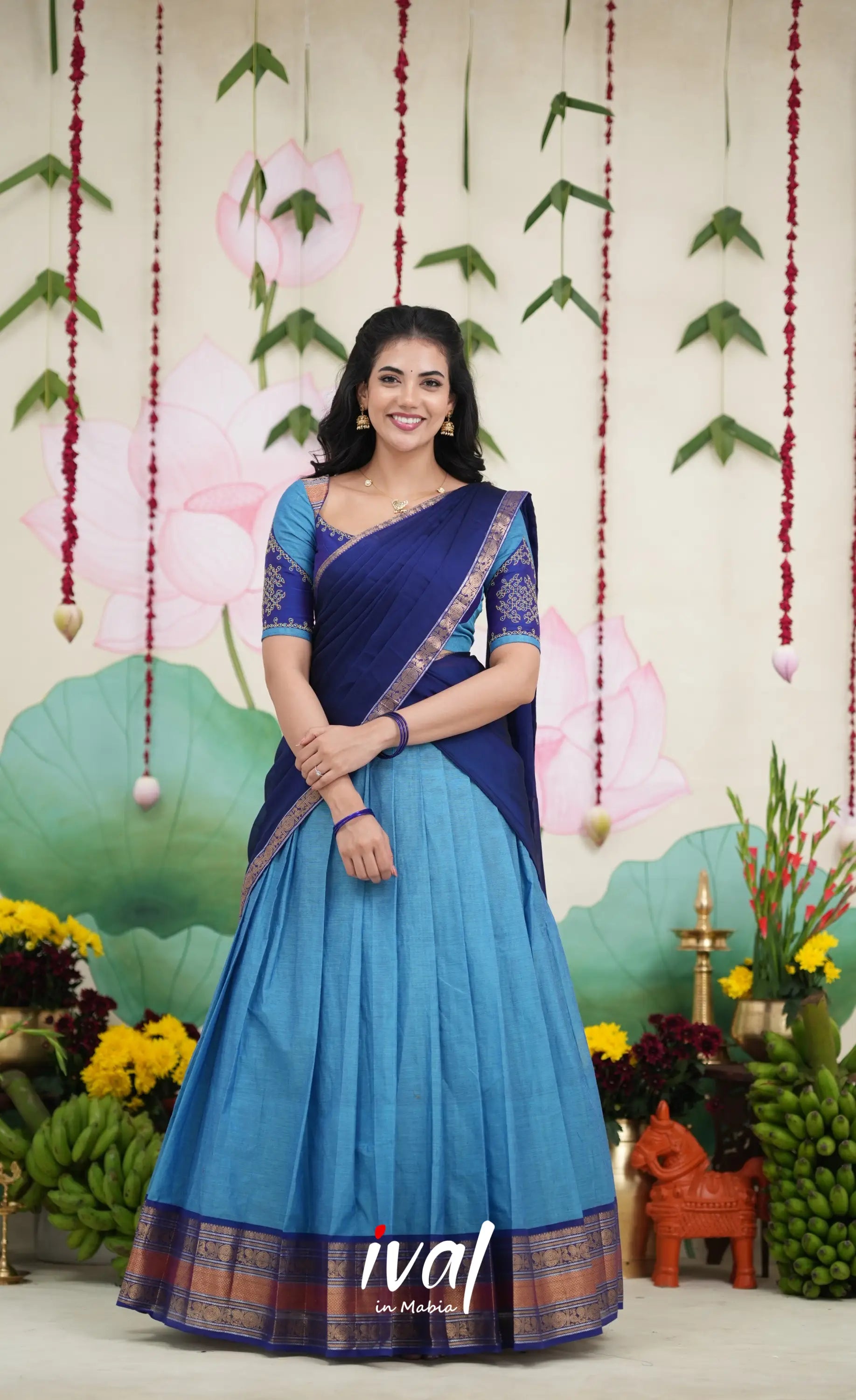 Padmaja Cotton Half Saree - Sky Blue and Dark Blue Half Sarees