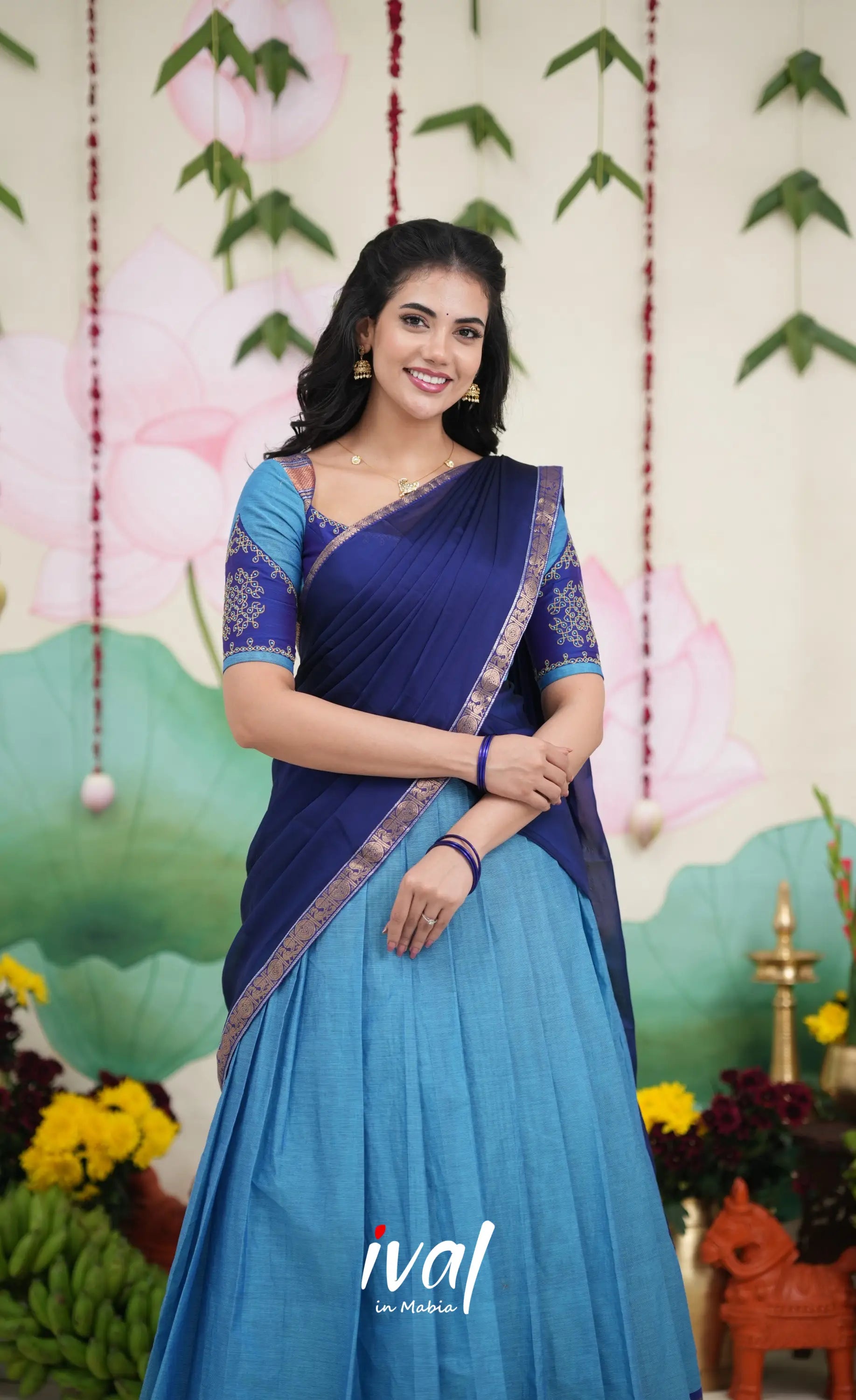 Padmaja Cotton Half Saree - Sky Blue and Dark Blue Half Sarees