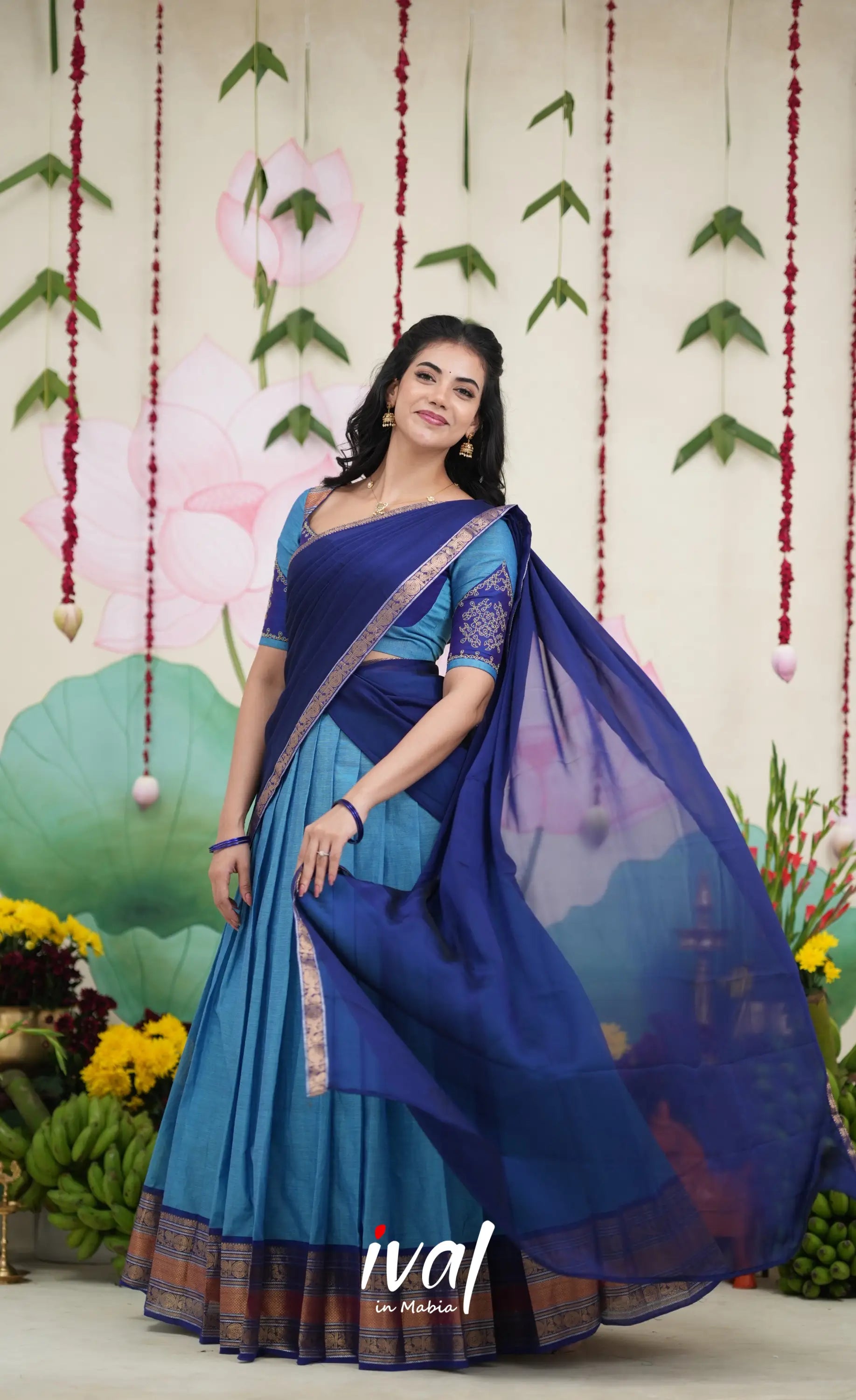 Padmaja Cotton Half Saree - Sky Blue and Dark Blue Half Sarees