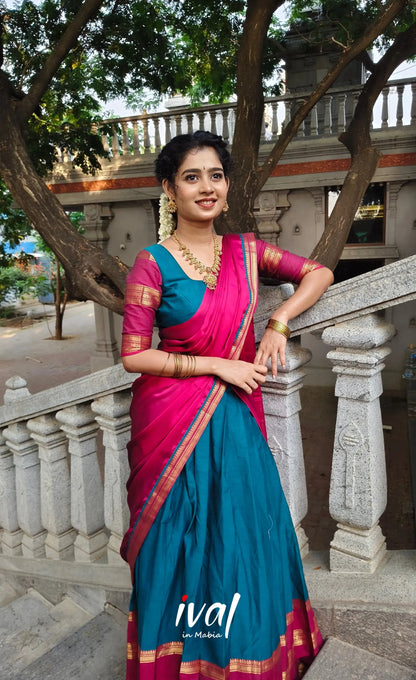 Padmaja Cotton Half Saree - Teal Blue and Dark Pink - Half Sarees