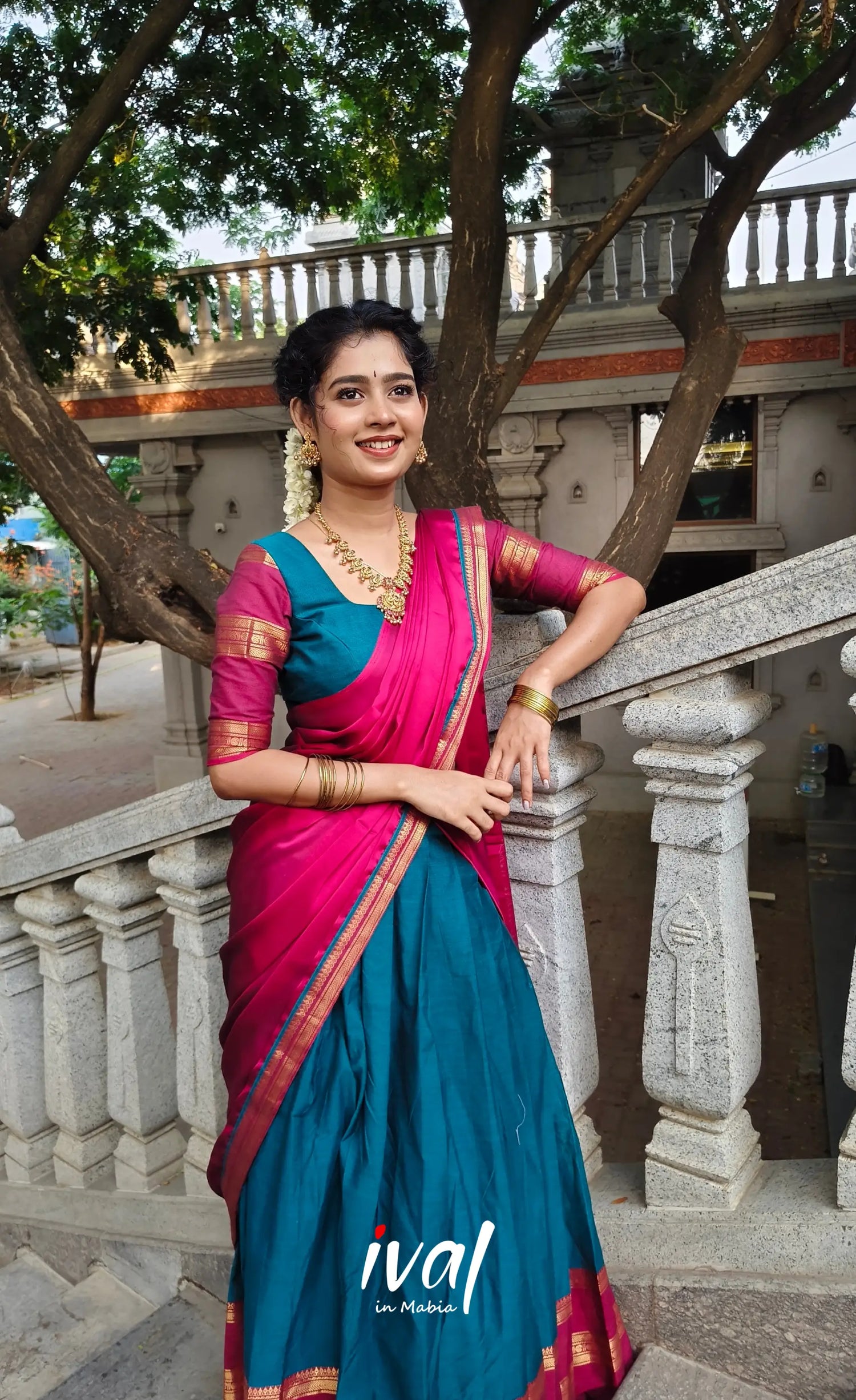 Padmaja Cotton Half Saree - Teal Blue and Dark Pink - Half Sarees