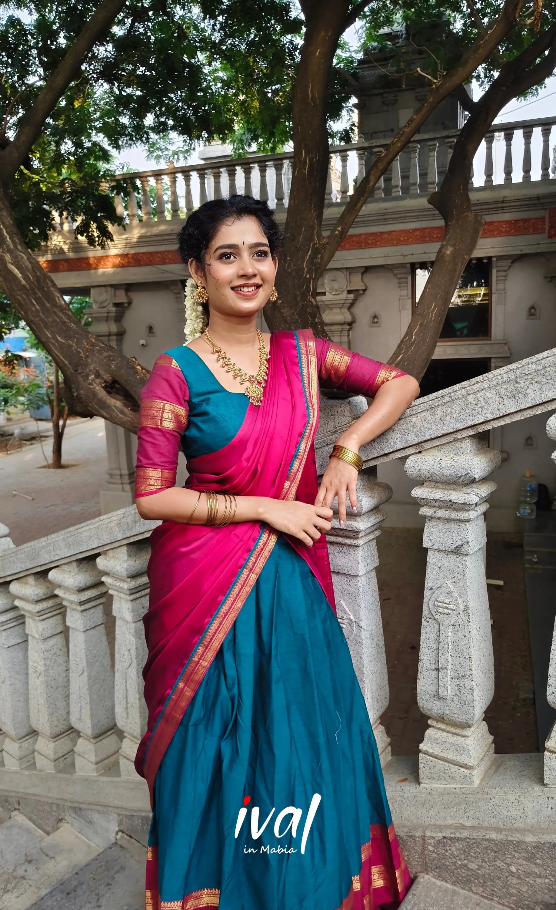 Padmaja Cotton Half Saree - Teal Blue and Dark Pink - Half Sarees