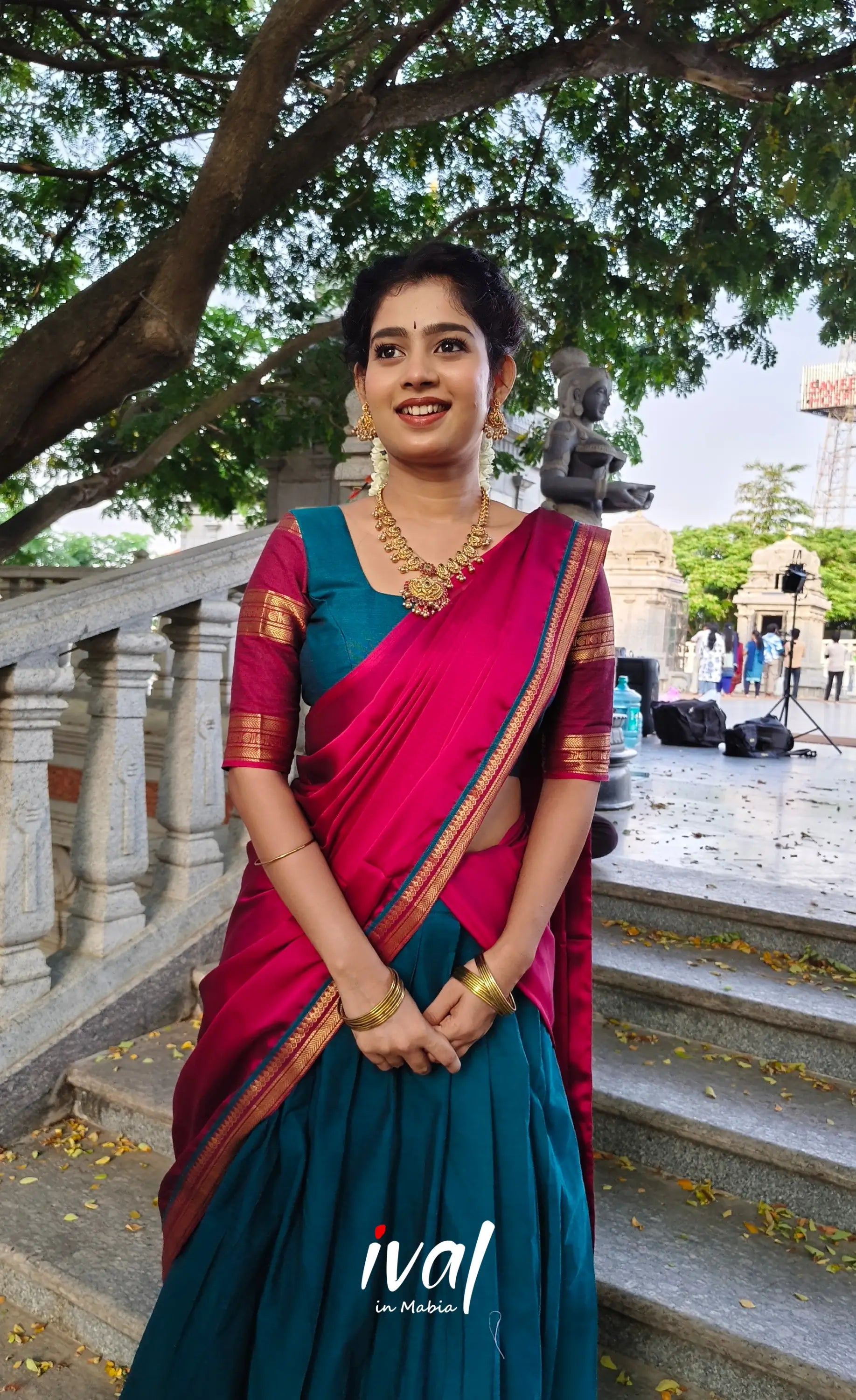 Padmaja Cotton Half Saree - Teal Blue and Dark Pink - Half Sarees