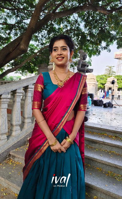 Padmaja Cotton Half Saree - Teal Blue and Dark Pink - Half Sarees