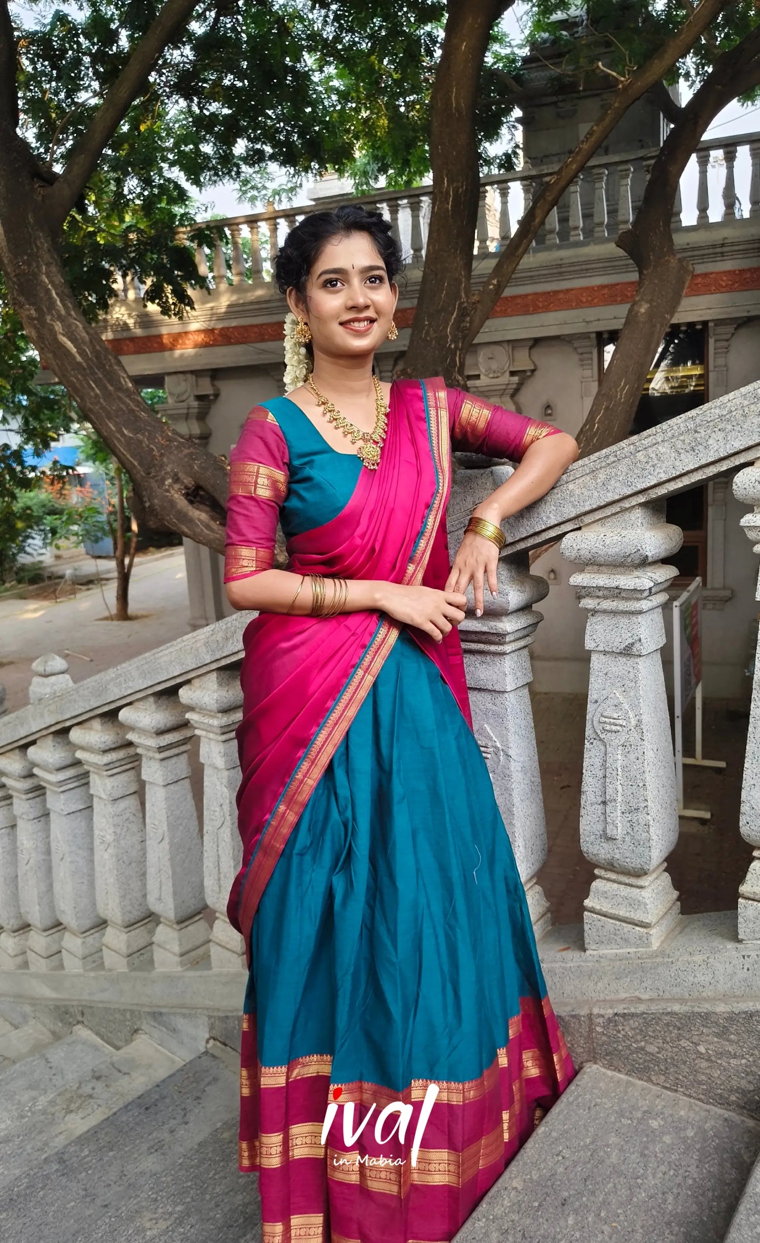 Padmaja Cotton Half Saree - Teal Blue and Dark Pink - Half Sarees