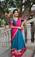 Padmaja Cotton Half Saree - Teal Blue and Dark Pink - Half Sarees