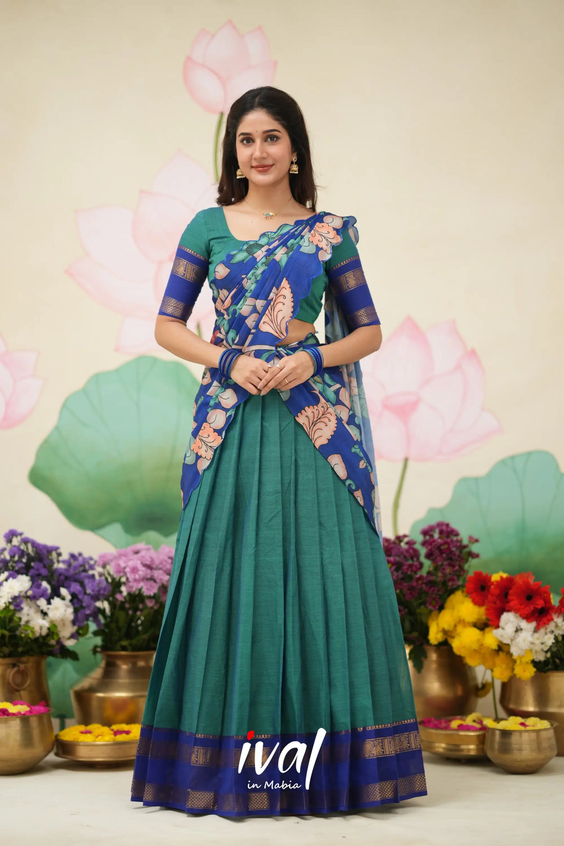 Padmaja Cotton Half Saree - Teal Blue and Royal Blue Half Sarees