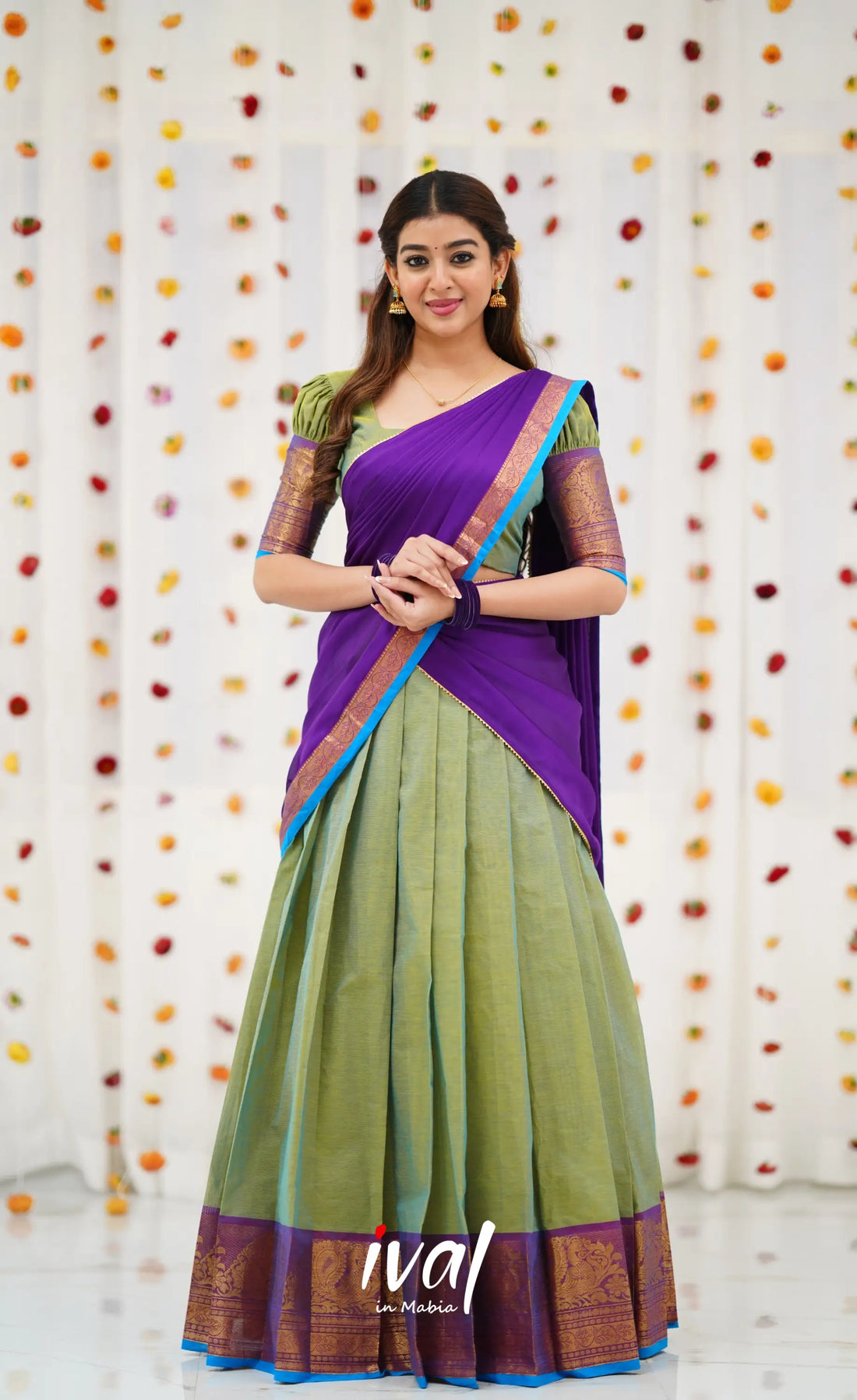 Padmaja Cotton Half Saree - Two tone Green and Purple Half Sarees