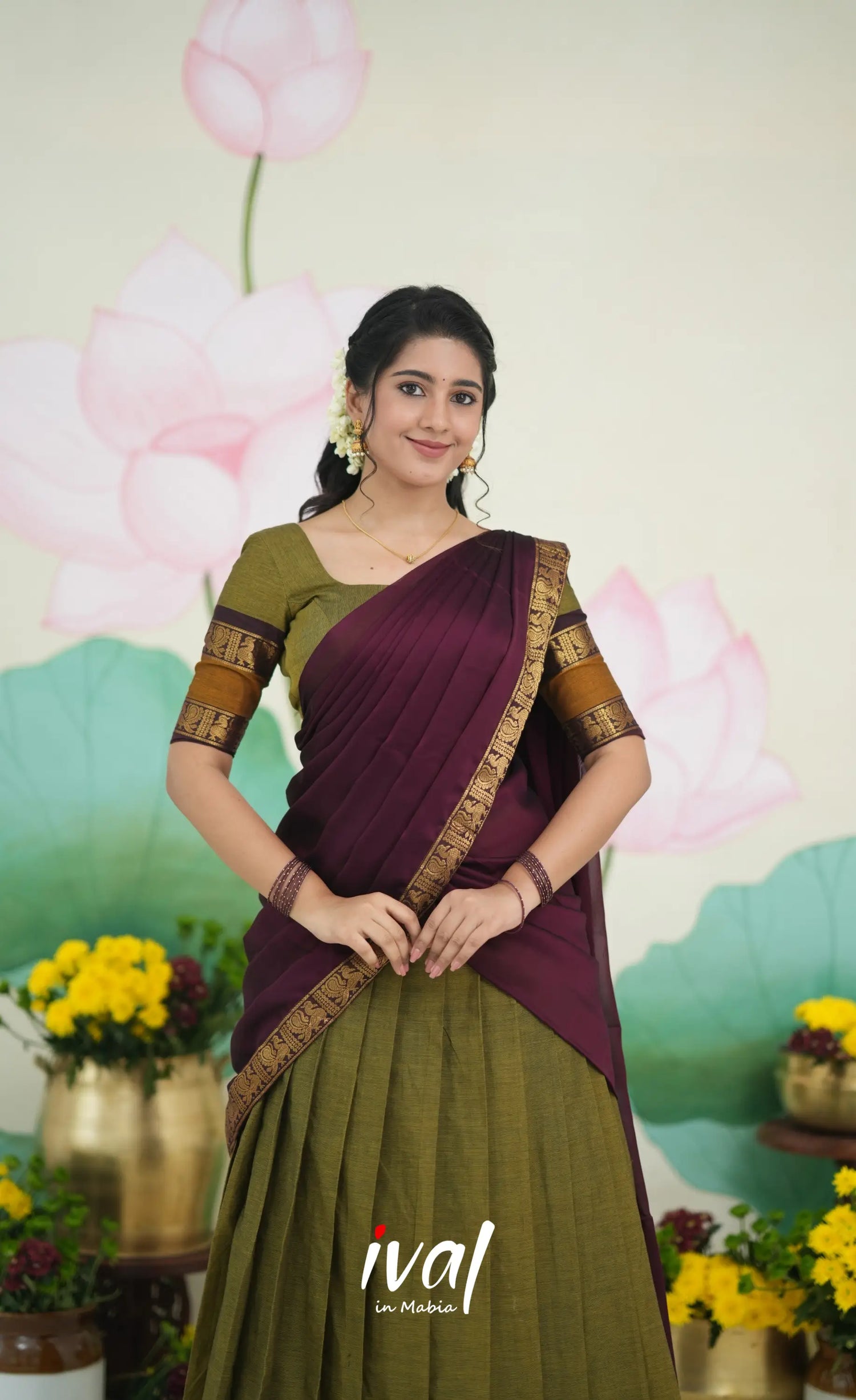 Padmaja Cotton Half Saree - Two tone Henna Brown and Maroon Half Sarees