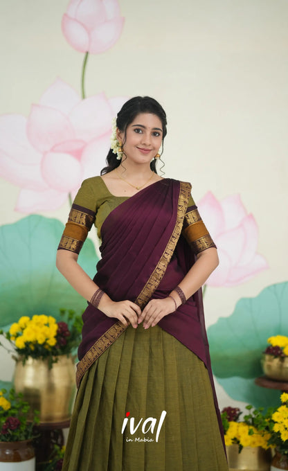 Padmaja Cotton Half Saree - Two tone Henna Brown and Maroon Half Sarees