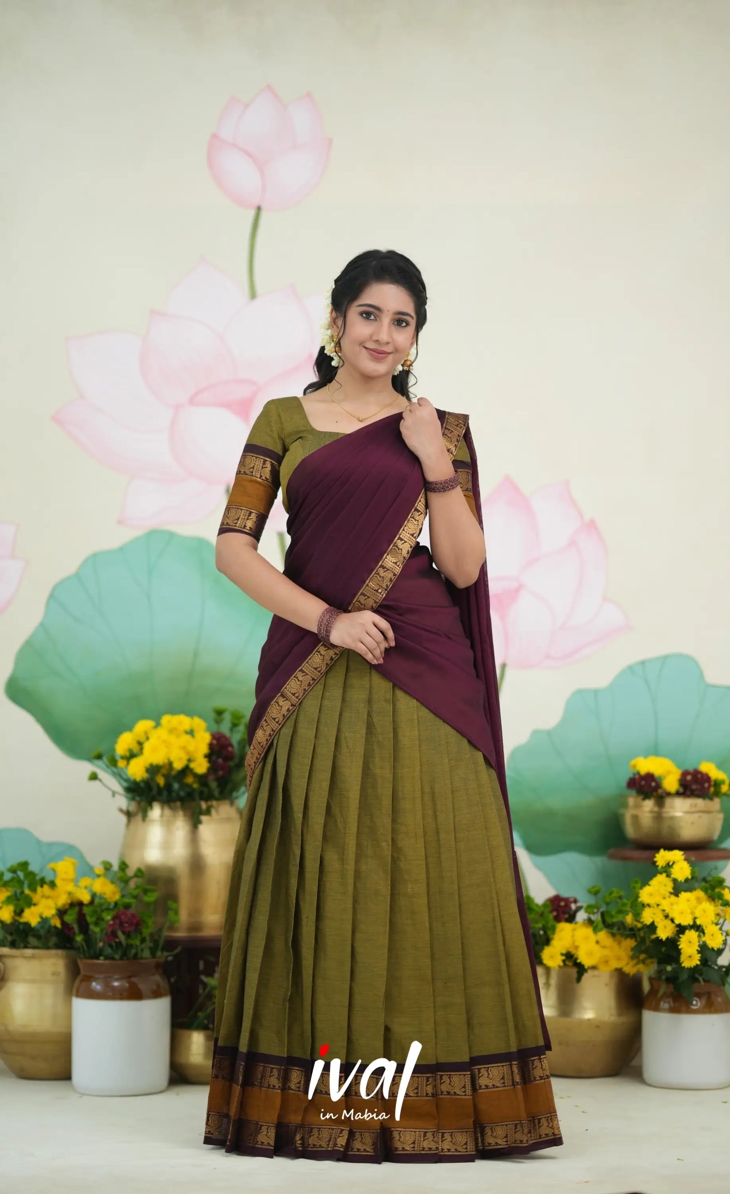 Padmaja Cotton Half Saree - Two tone Henna Brown and Maroon Half Sarees