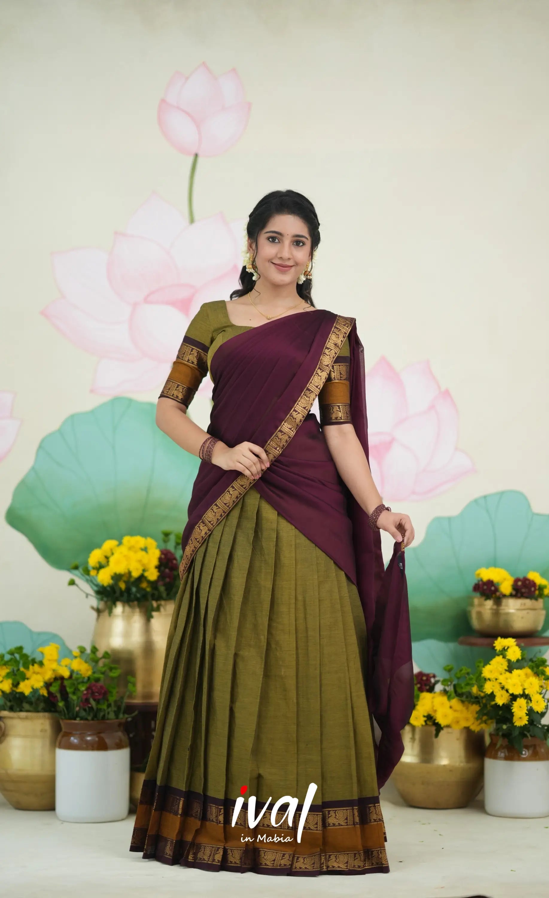 Padmaja Cotton Half Saree - Two tone Henna Brown and Maroon Half Sarees