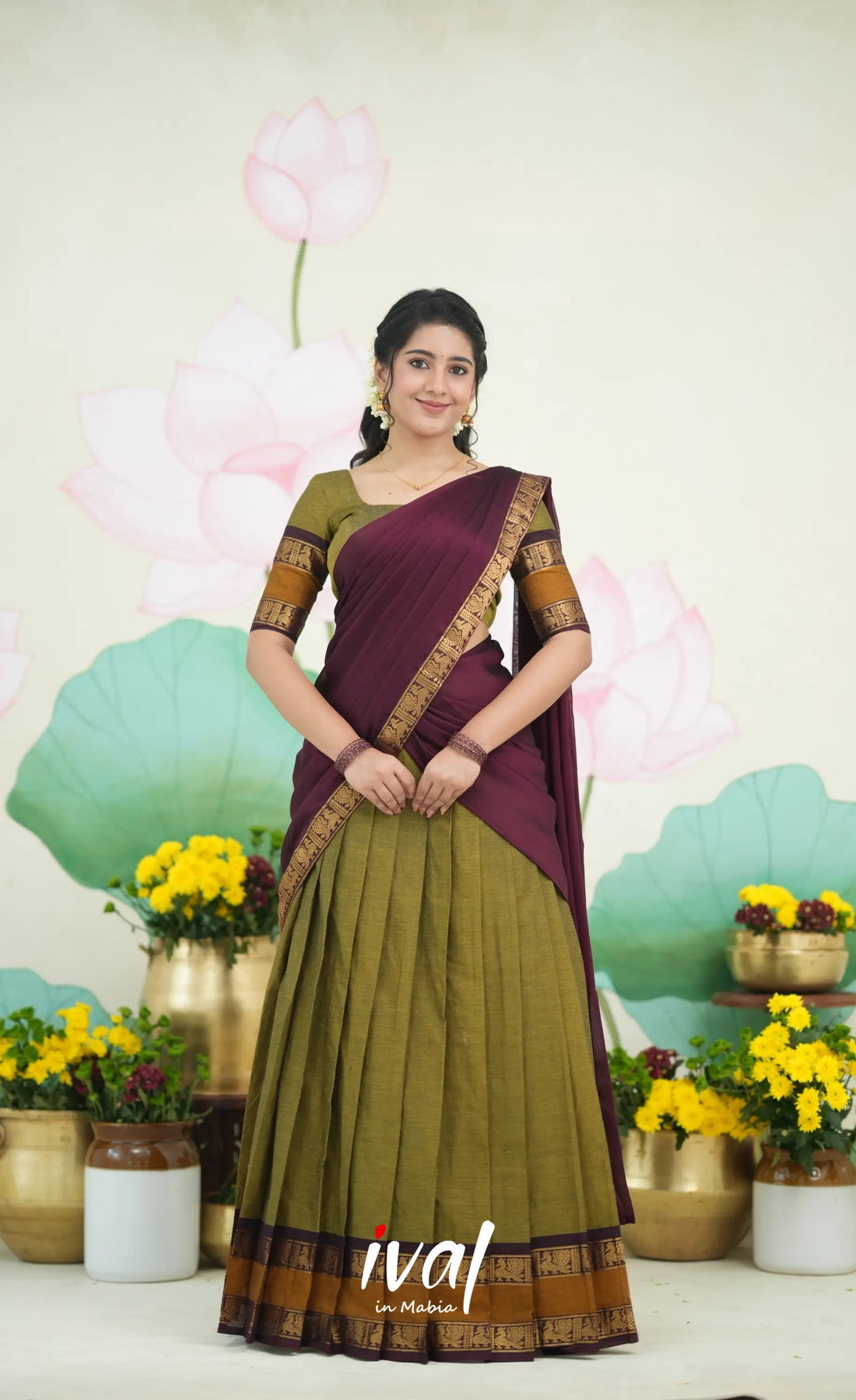 Padmaja Cotton Half Saree - Two tone Henna Brown and Maroon Half Sarees
