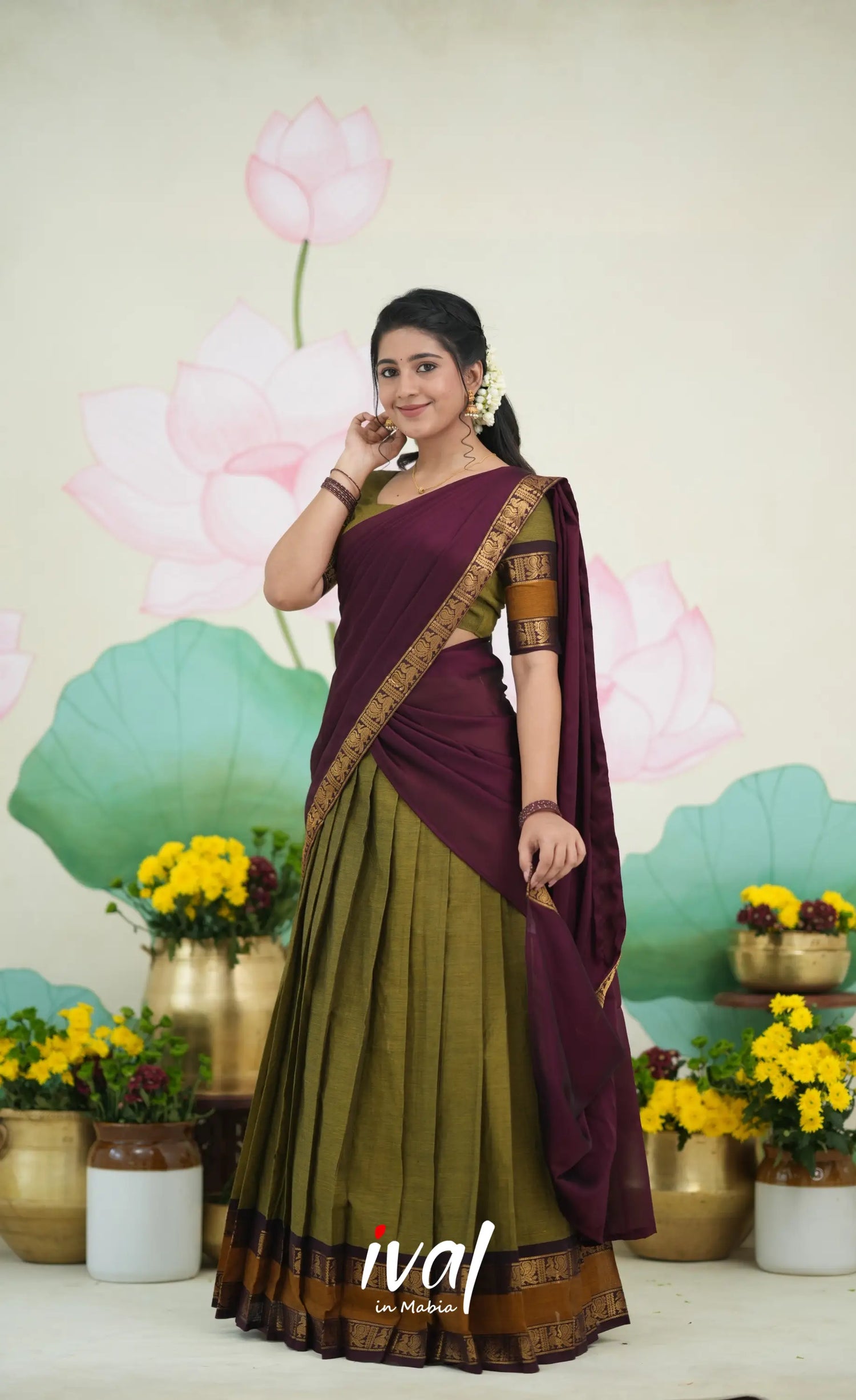 Padmaja Cotton Half Saree - Two tone Henna Brown and Maroon Half Sarees