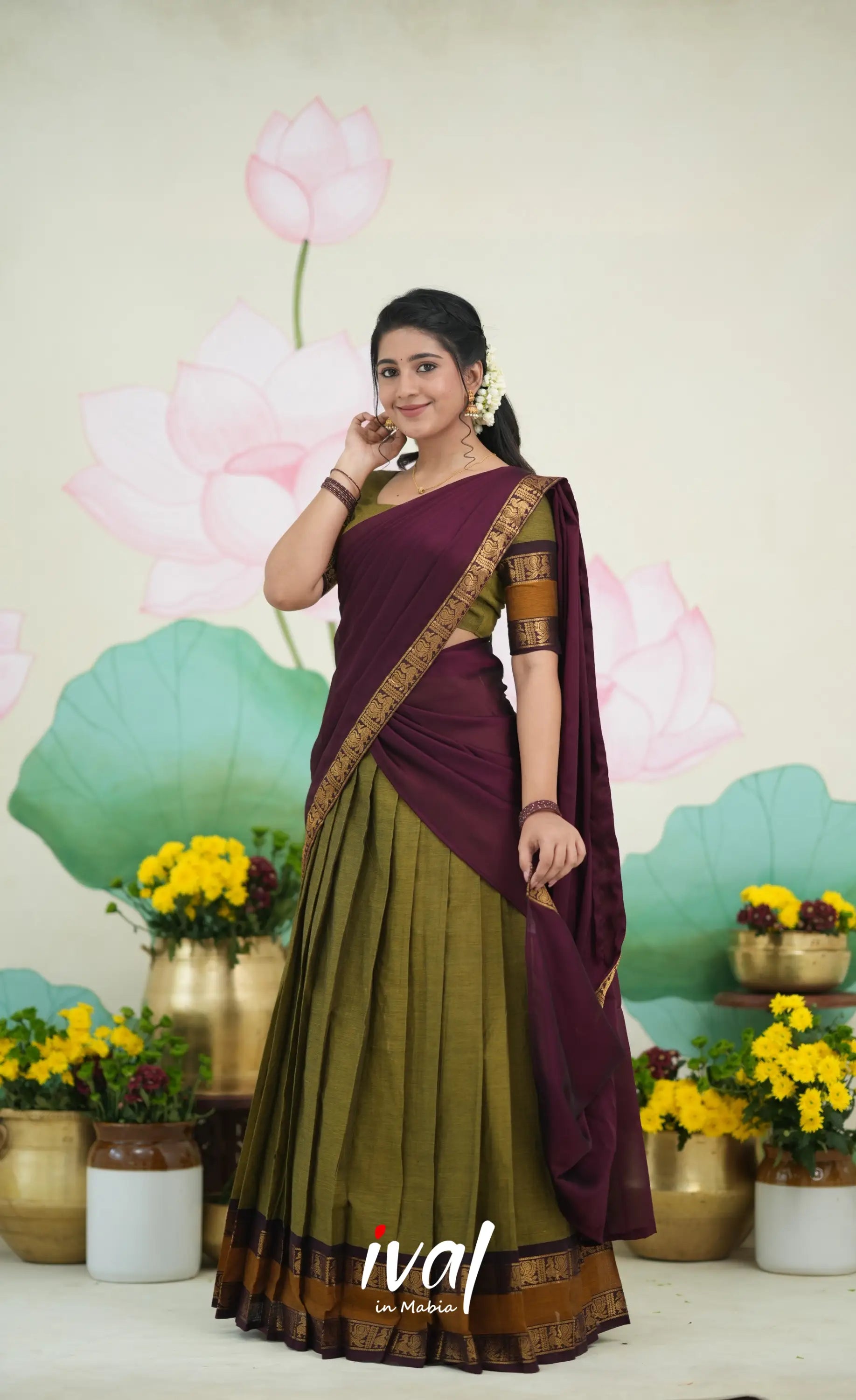 Padmaja Cotton Half Saree - Two tone Henna Brown and Maroon Half Sarees