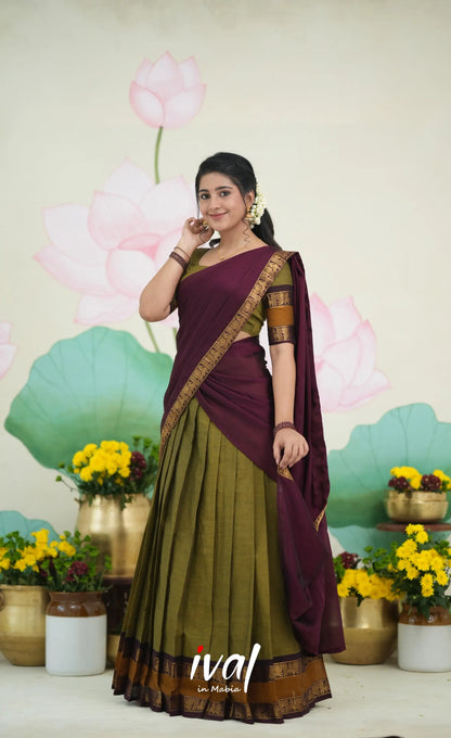 Padmaja Cotton Half Saree - Two tone Henna Brown and Maroon Half Sarees