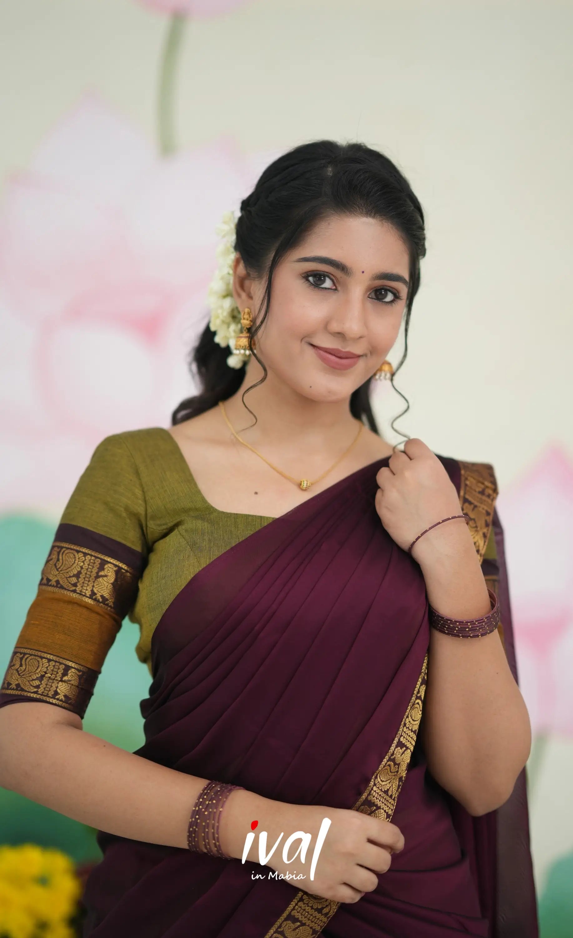 Padmaja Cotton Half Saree - Two tone Henna Brown and Maroon Half Sarees