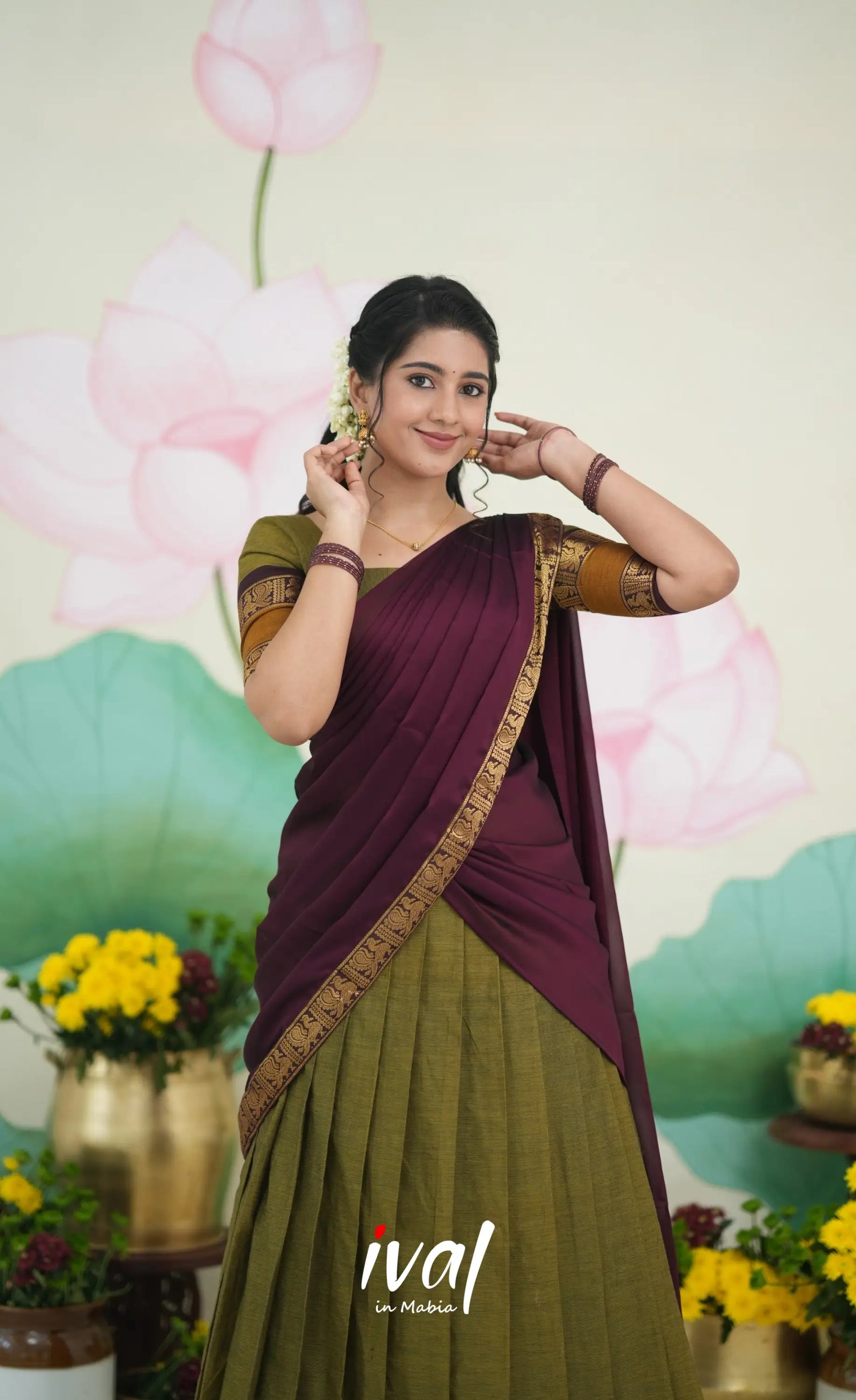 Padmaja Cotton Half Saree - Two tone Henna Brown and Maroon Half Sarees