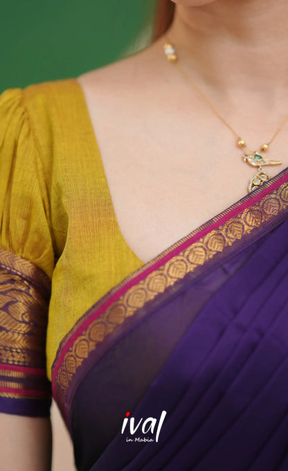 Padmaja Cotton Half Saree - Two-tone Henna yellow and Dark Purple - Half Sarees