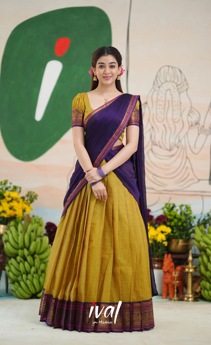 Padmaja Cotton Half Saree - Two-tone Henna yellow and Dark Purple - Half Sarees