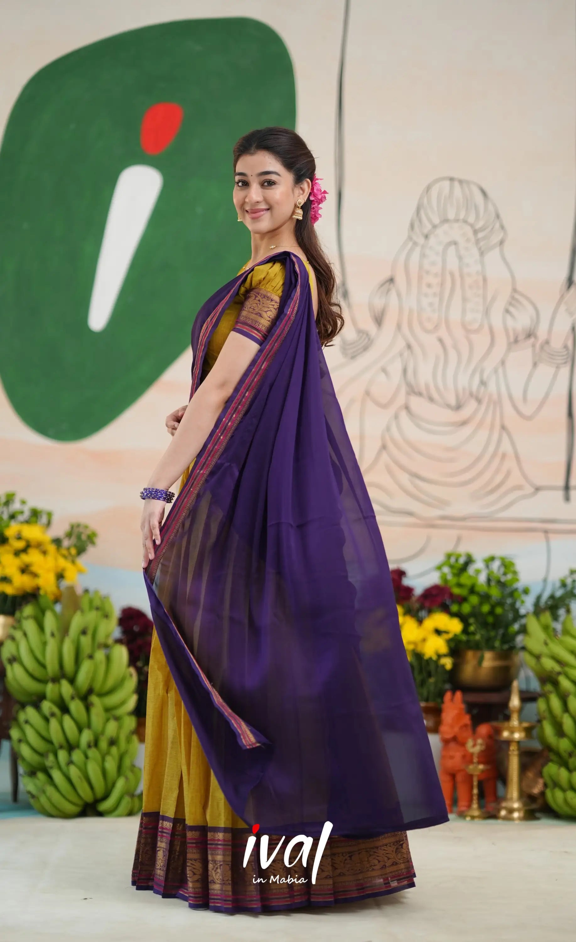 Padmaja Cotton Half Saree - Two-tone Henna yellow and Dark Purple - Half Sarees
