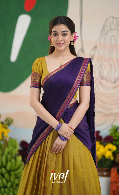 Padmaja Cotton Half Saree - Two-tone Henna yellow and Dark Purple - Half Sarees