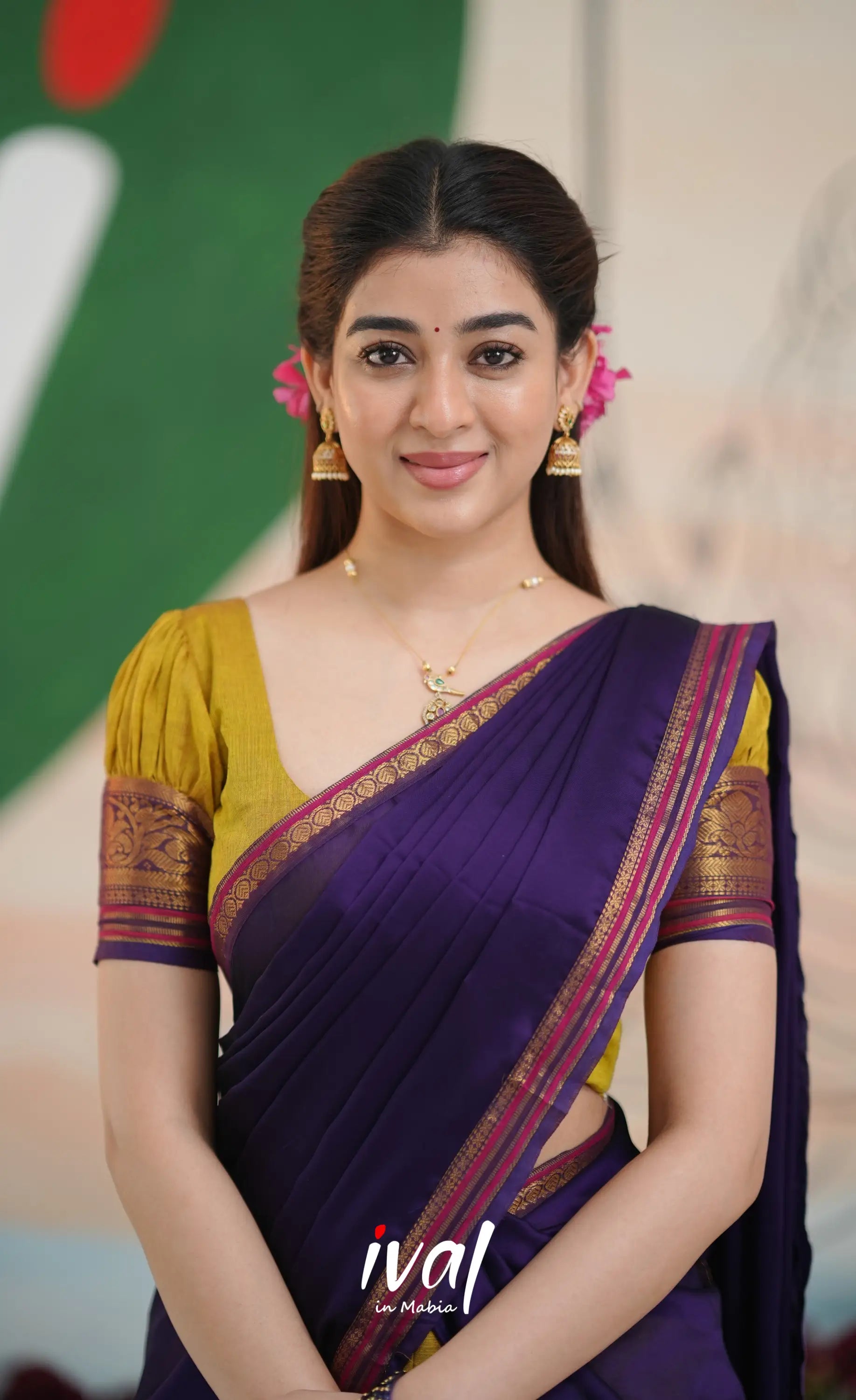 Padmaja Cotton Half Saree - Two-tone Henna yellow and Dark Purple - Half Sarees