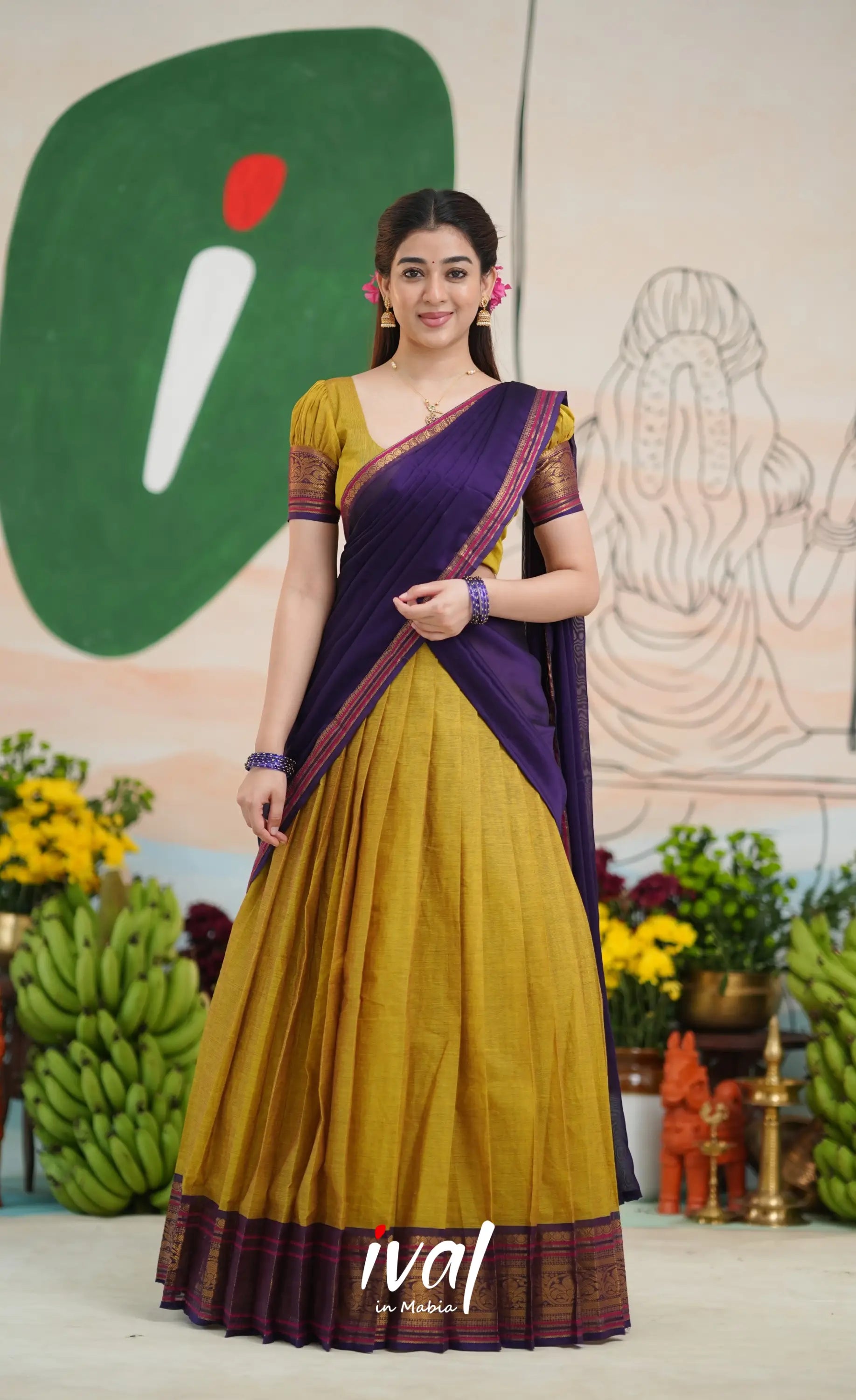 Padmaja Cotton Half Saree - Two-tone Henna yellow and Dark Purple - Half Sarees