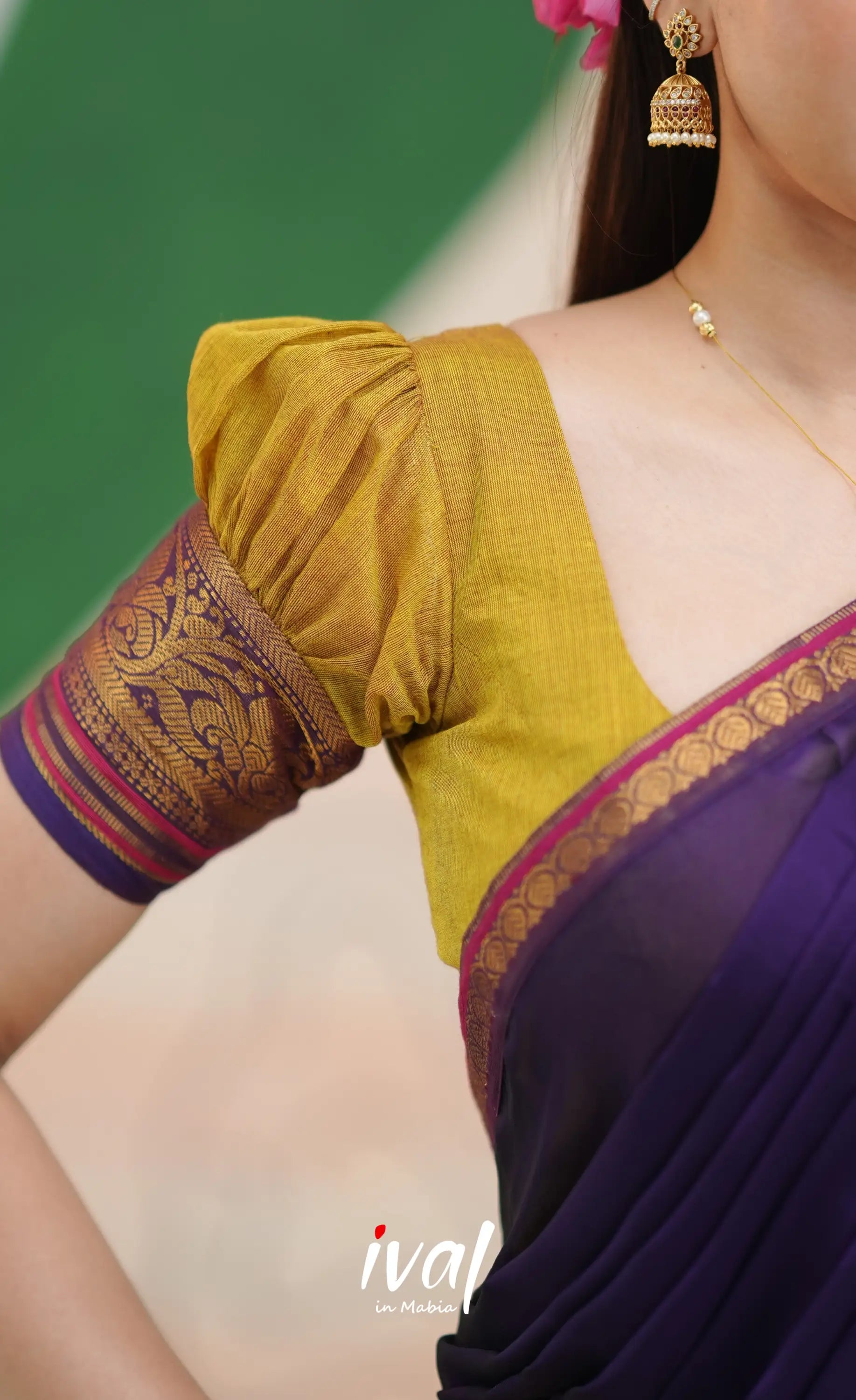Padmaja Cotton Half Saree - Two-tone Henna yellow and Dark Purple - Half Sarees