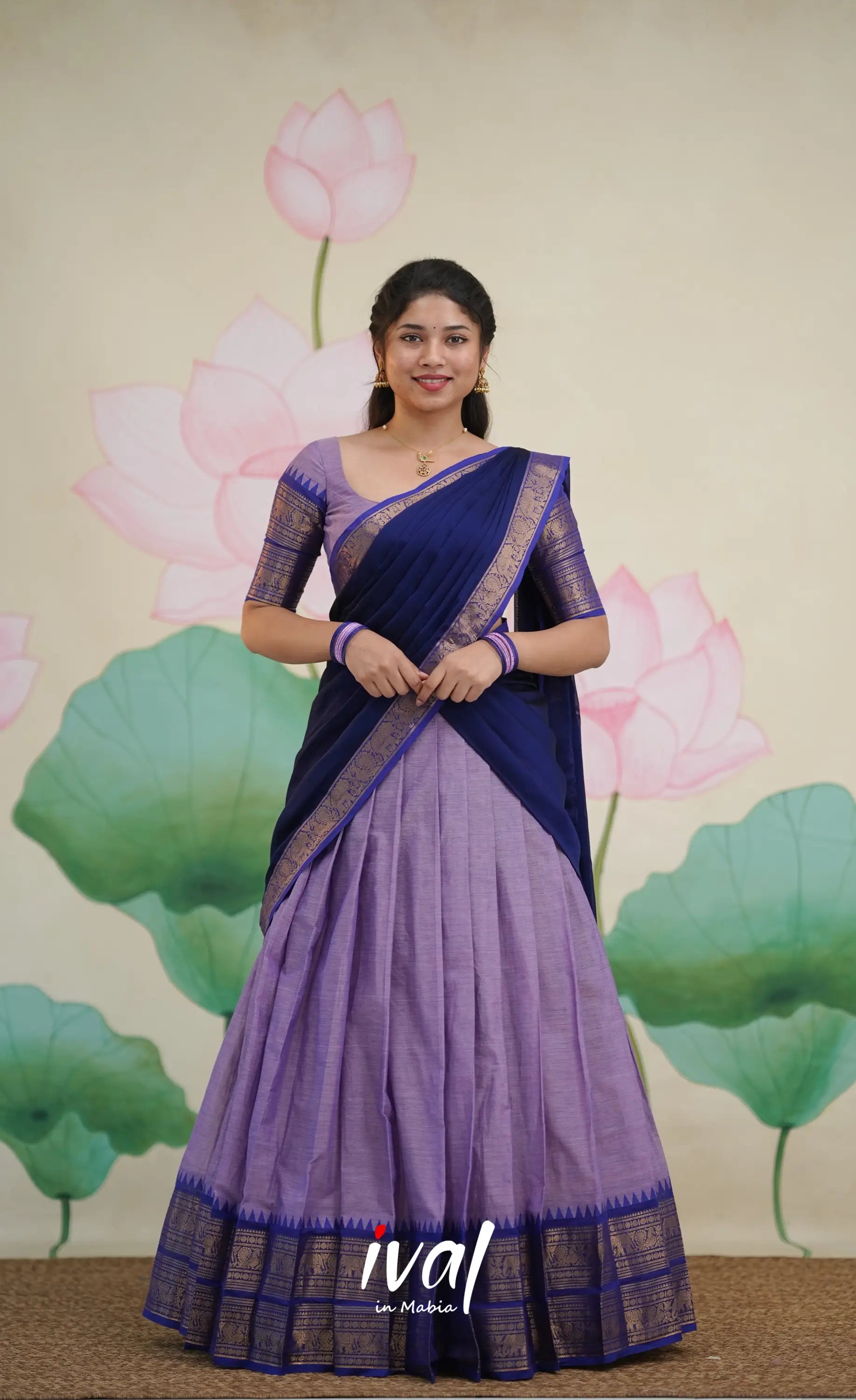 Padmaja Cotton Half Saree - Two-tone Lavender and Dark Blue - Half Sarees