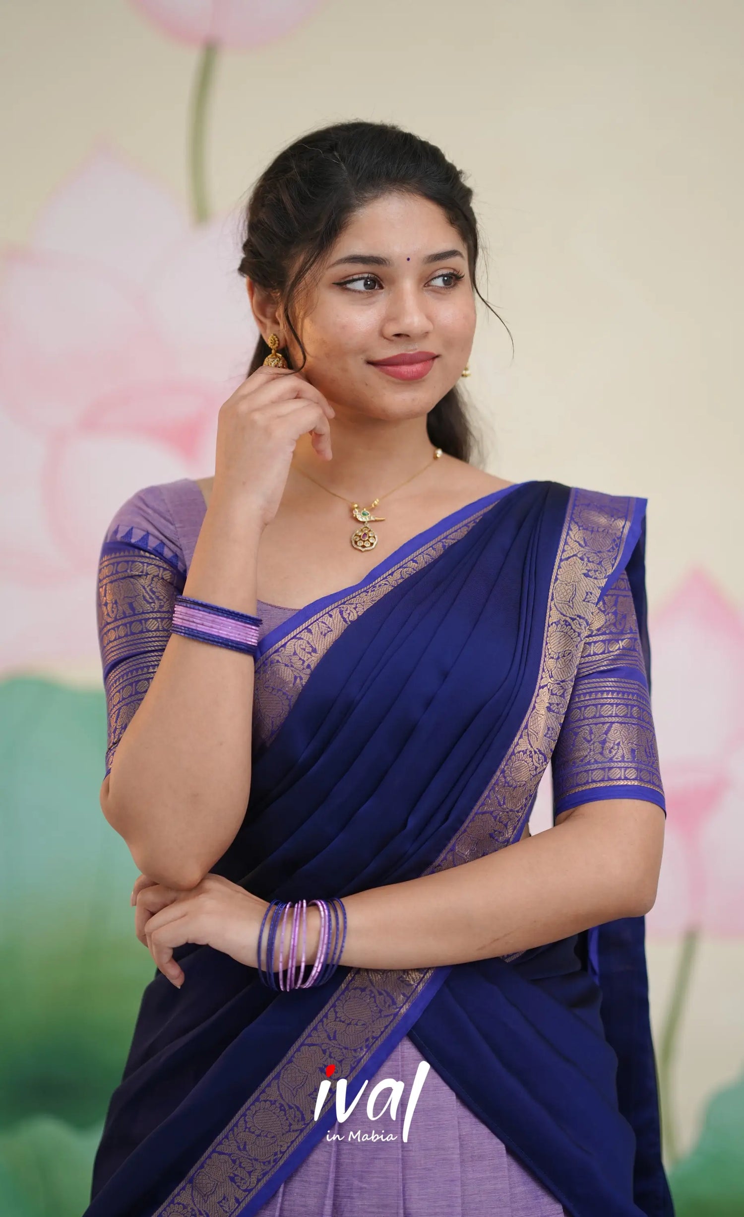 Padmaja Cotton Half Saree - Two-tone Lavender and Dark Blue - Half Sarees