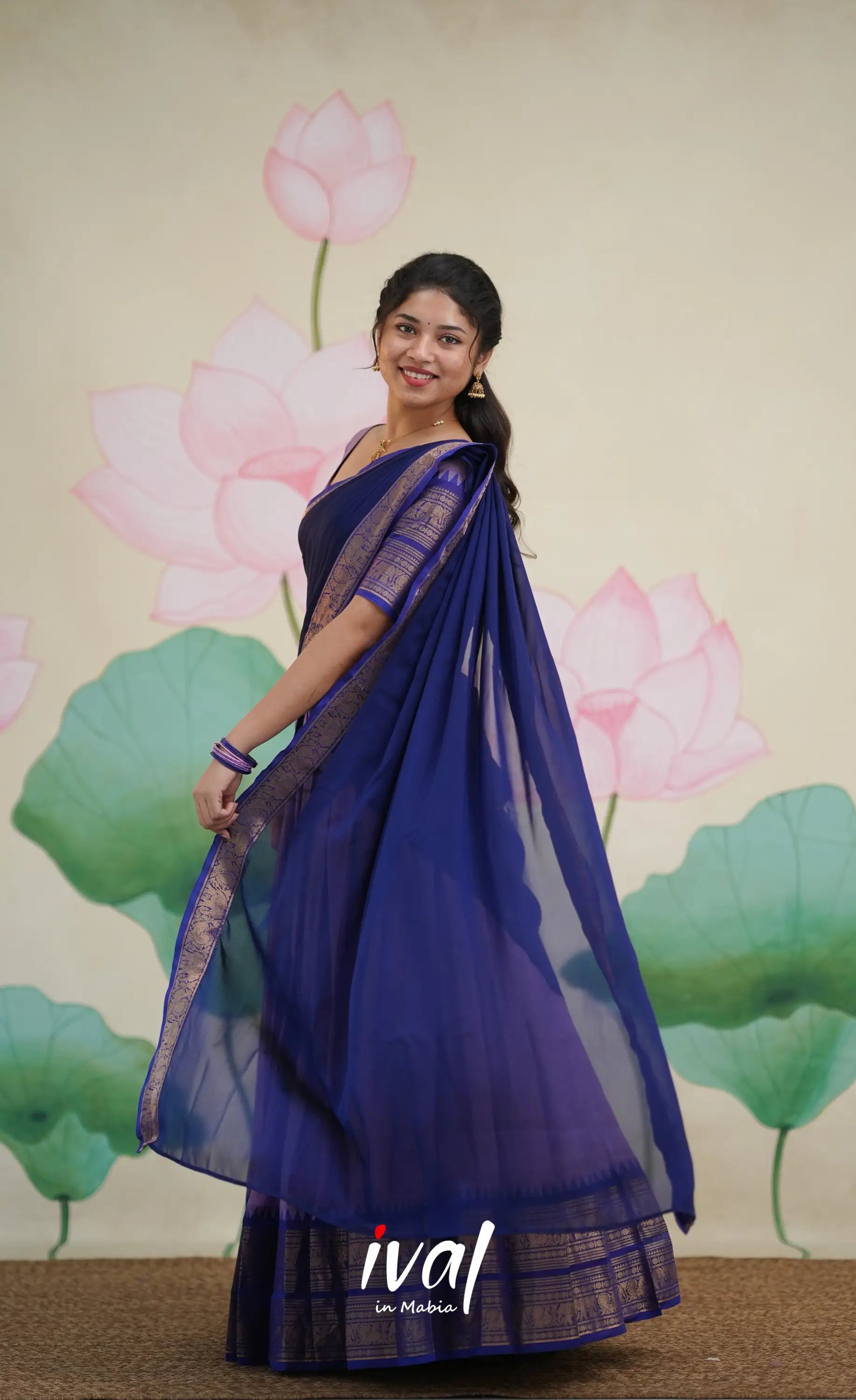 Padmaja Cotton Half Saree - Two-tone Lavender and Dark Blue - Half Sarees