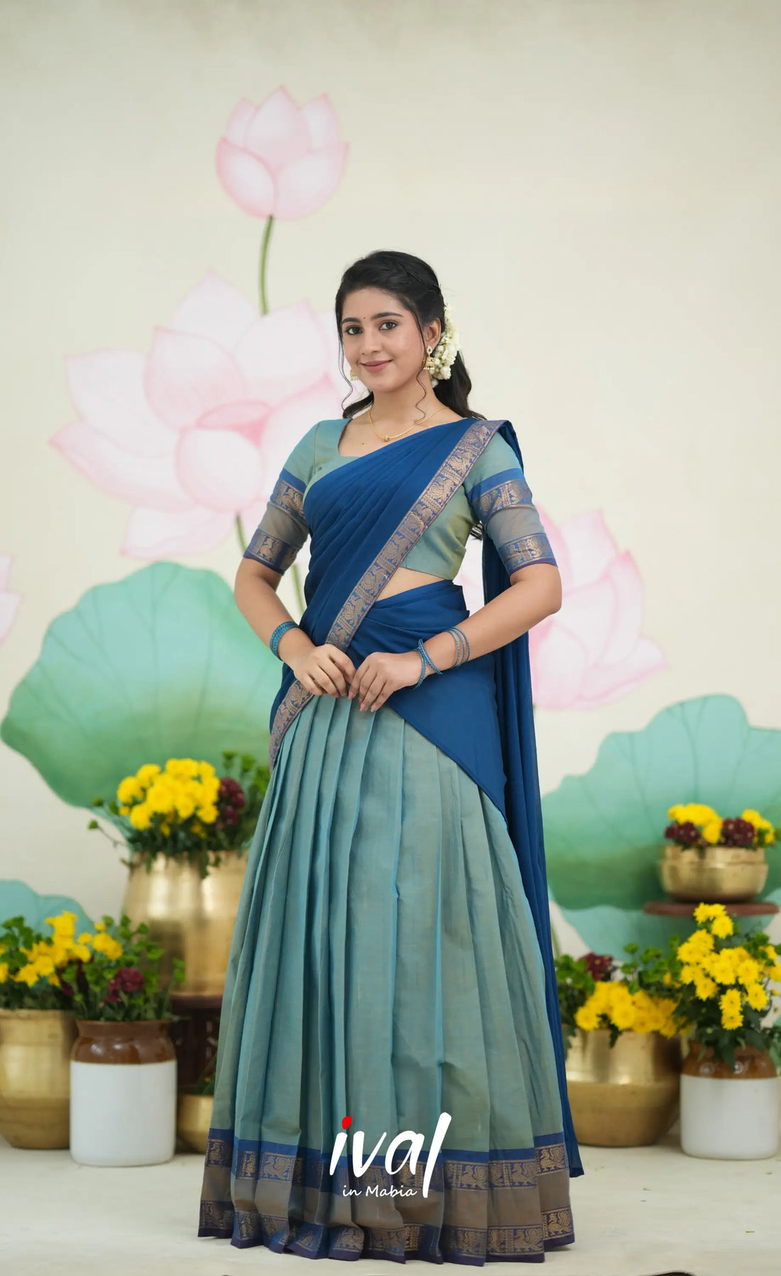 Padmaja Cotton Half Saree - Two tone Light Blue and Blue Half Sarees