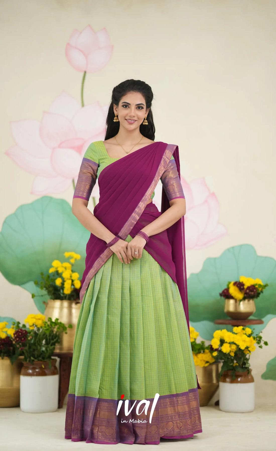 Padmaja Cotton Half Saree - Two tone light Green and Violet Half Sarees
