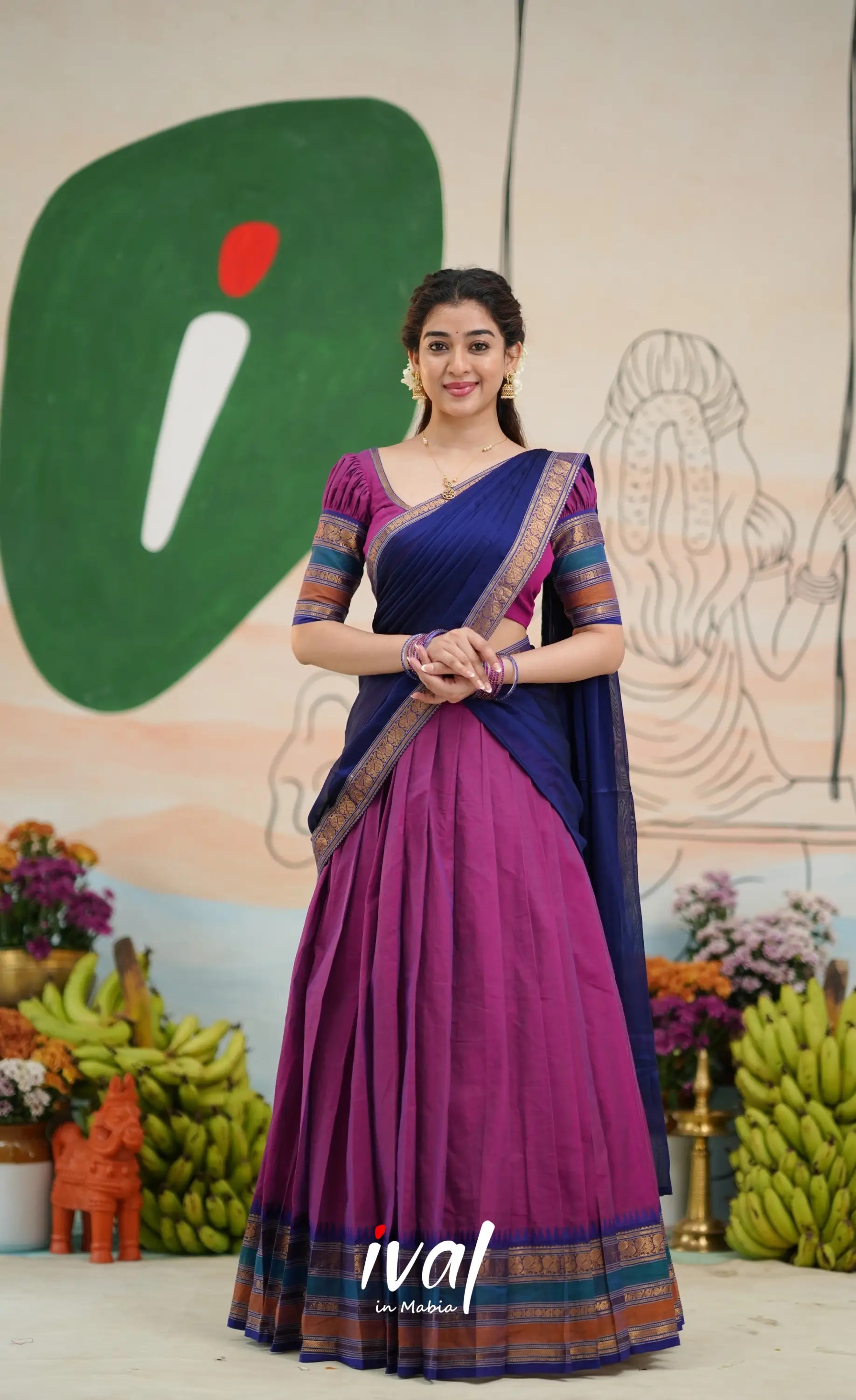 Padmaja Cotton Half Saree - Two-tone Magenta and Royal blue - Half Sarees